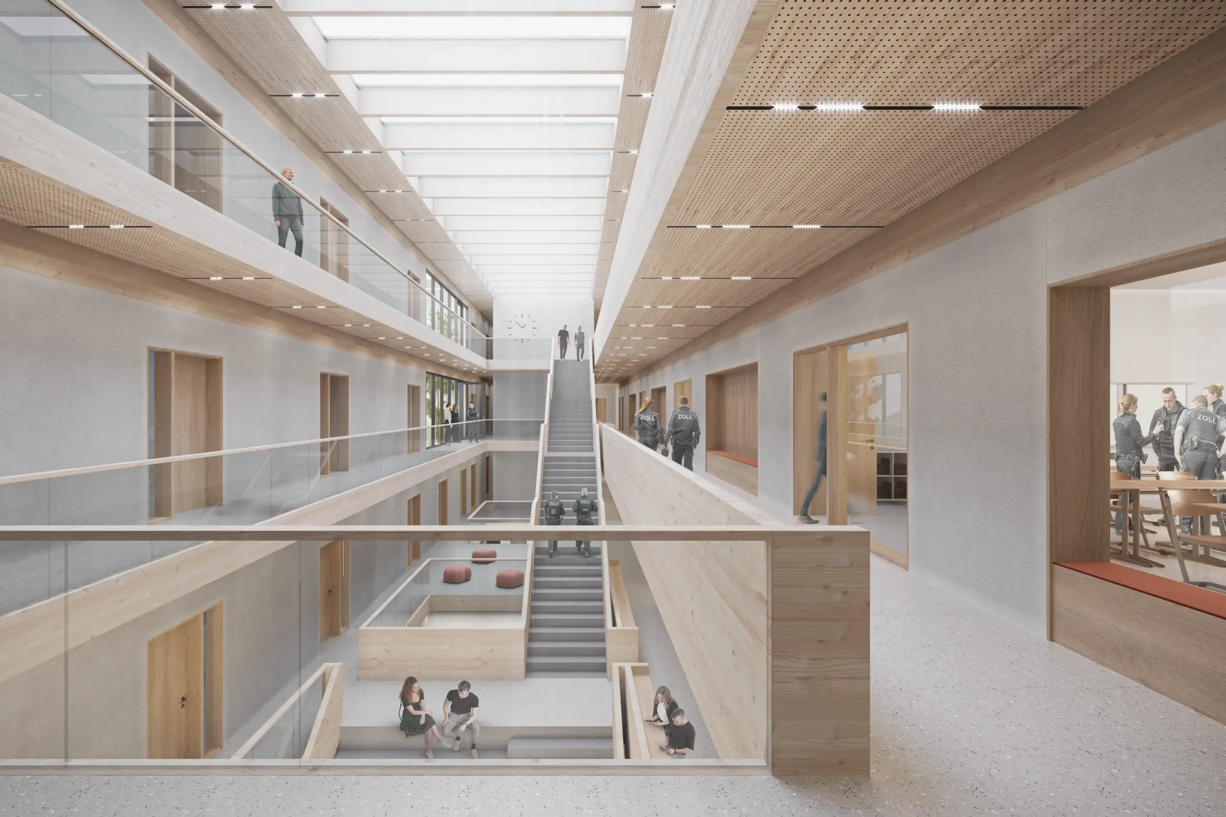 Innenraum eines mehrgeschossigen Gebäudes mit zentraler Treppe und Oberlicht, Holzverkleidung und Sichtbetondecken.