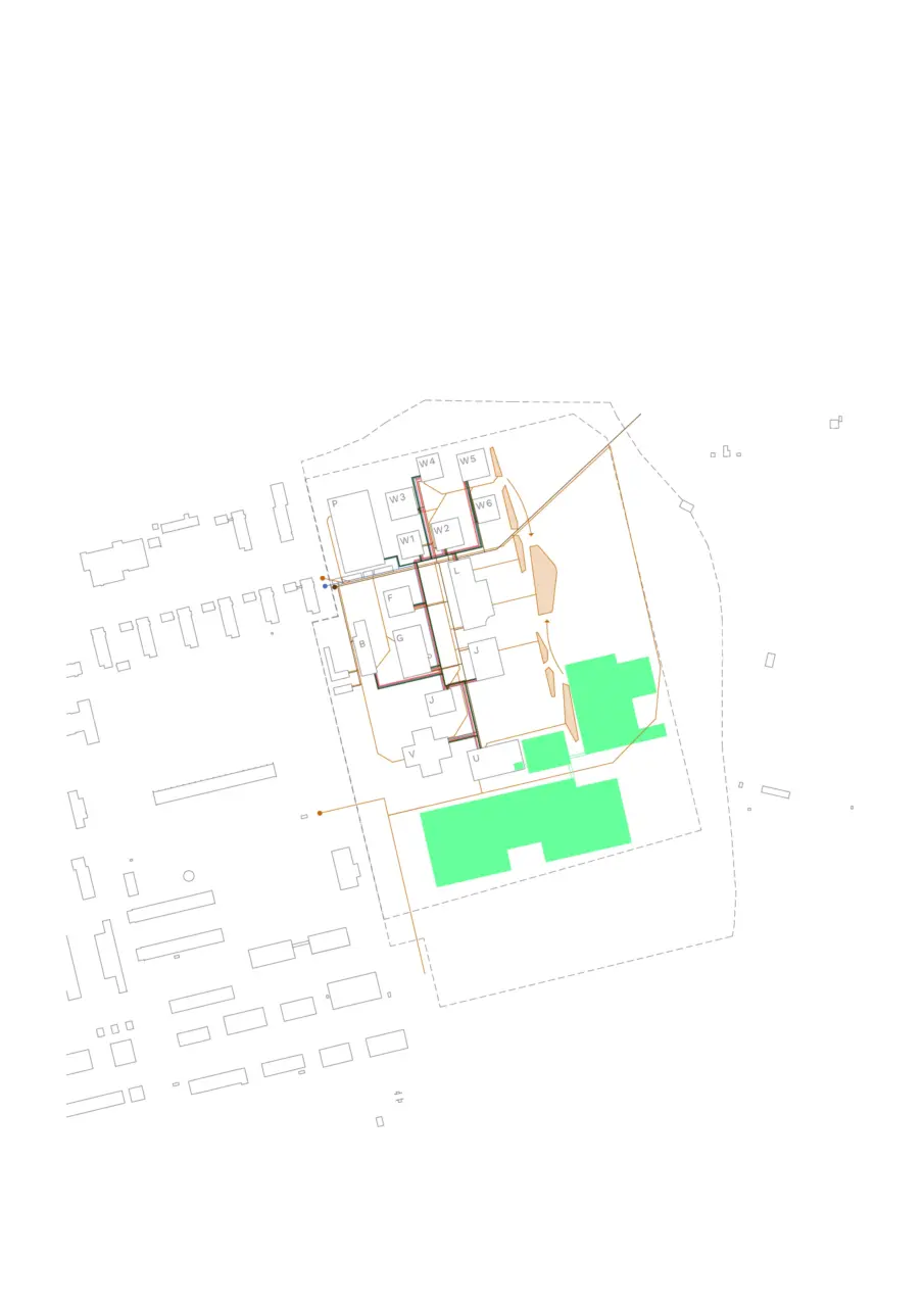 Lageplan mit Gebäudegrundriss, in den orangefarbene Leitungslinien des Mediennetzes eingezeichnet sind.