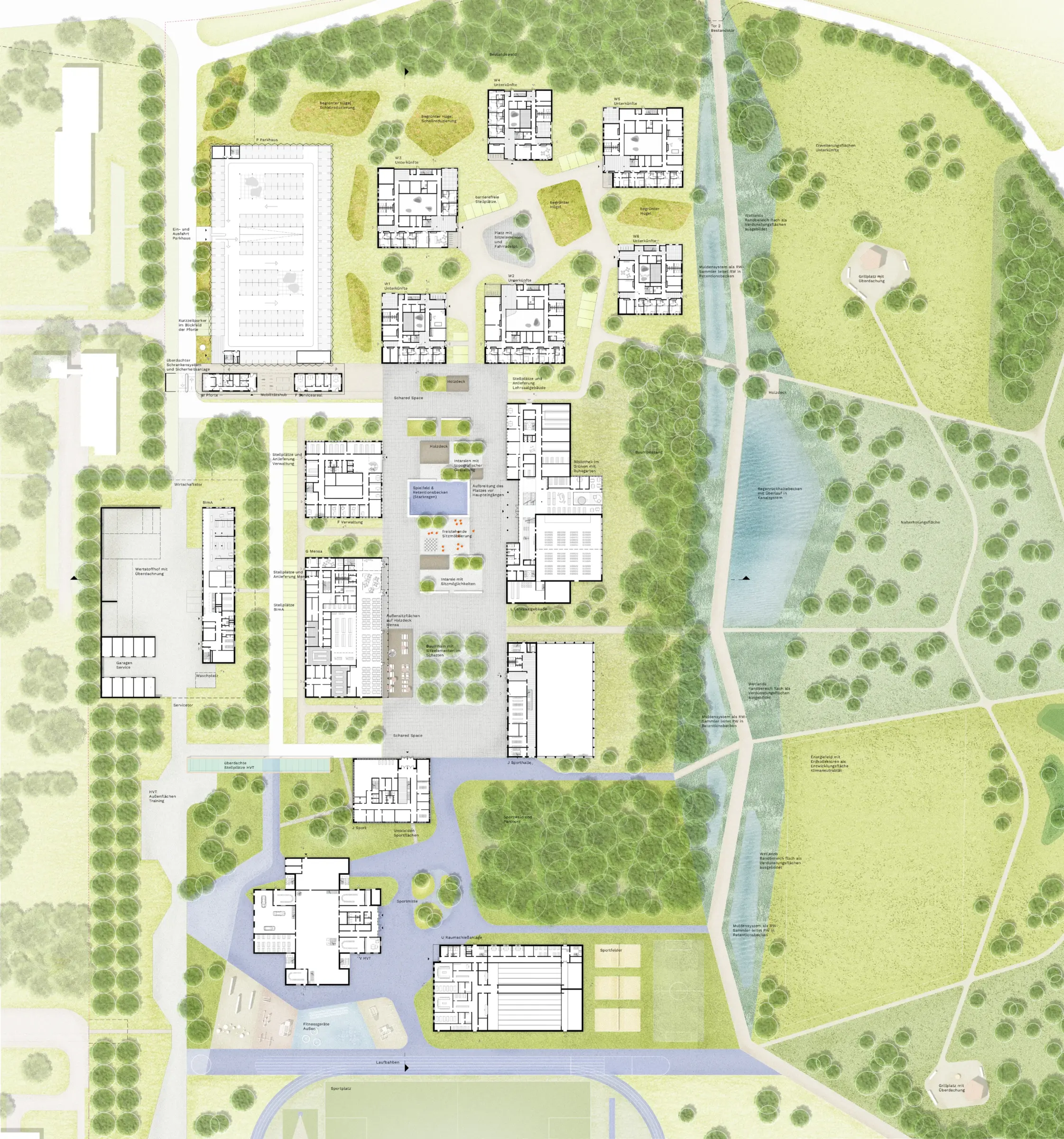 Lageplan zeigt mehrere Gebäude mit Grundrissen inmitten von Grünflächen, Baumgruppen und einem Wasserlauf.