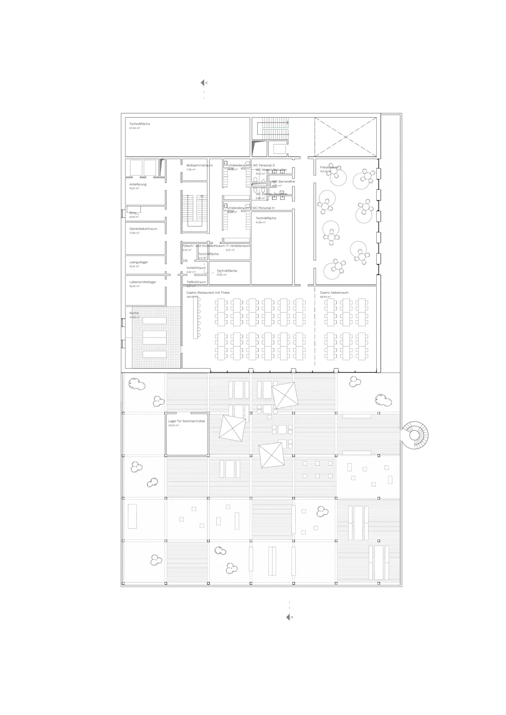 Grundriss eines Obergeschosses mit Casino-Restaurant, Küche, Nebenräumen und einer angrenzenden Dachterrasse mit Bepflanzung.