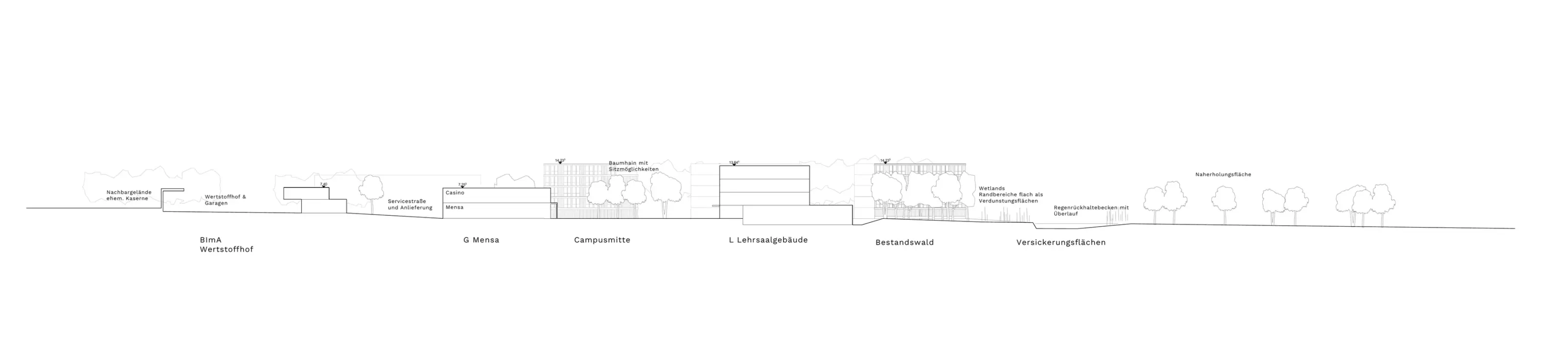 Querschnitt zeigt die Campusabfolge von Wertstoffhof über Mensa, Campusmitte und Lehrsaalgebäude bis zum Bestandswald mit Versickerungsflächen.
