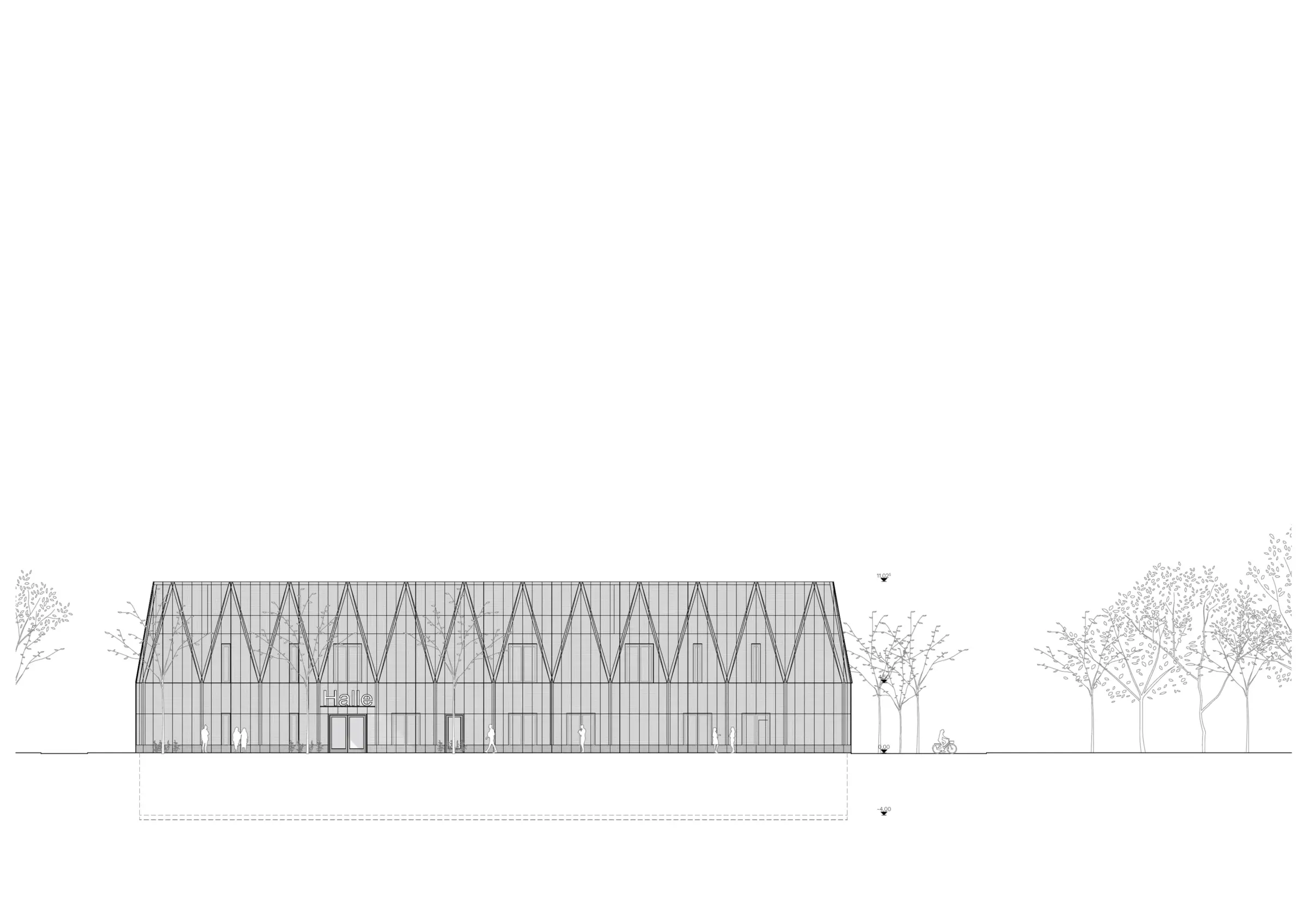 Ansicht von Westen einer Sporthalle mit gezackter Dachlinie und stehenden Fensterdreiecken in der Fassade.