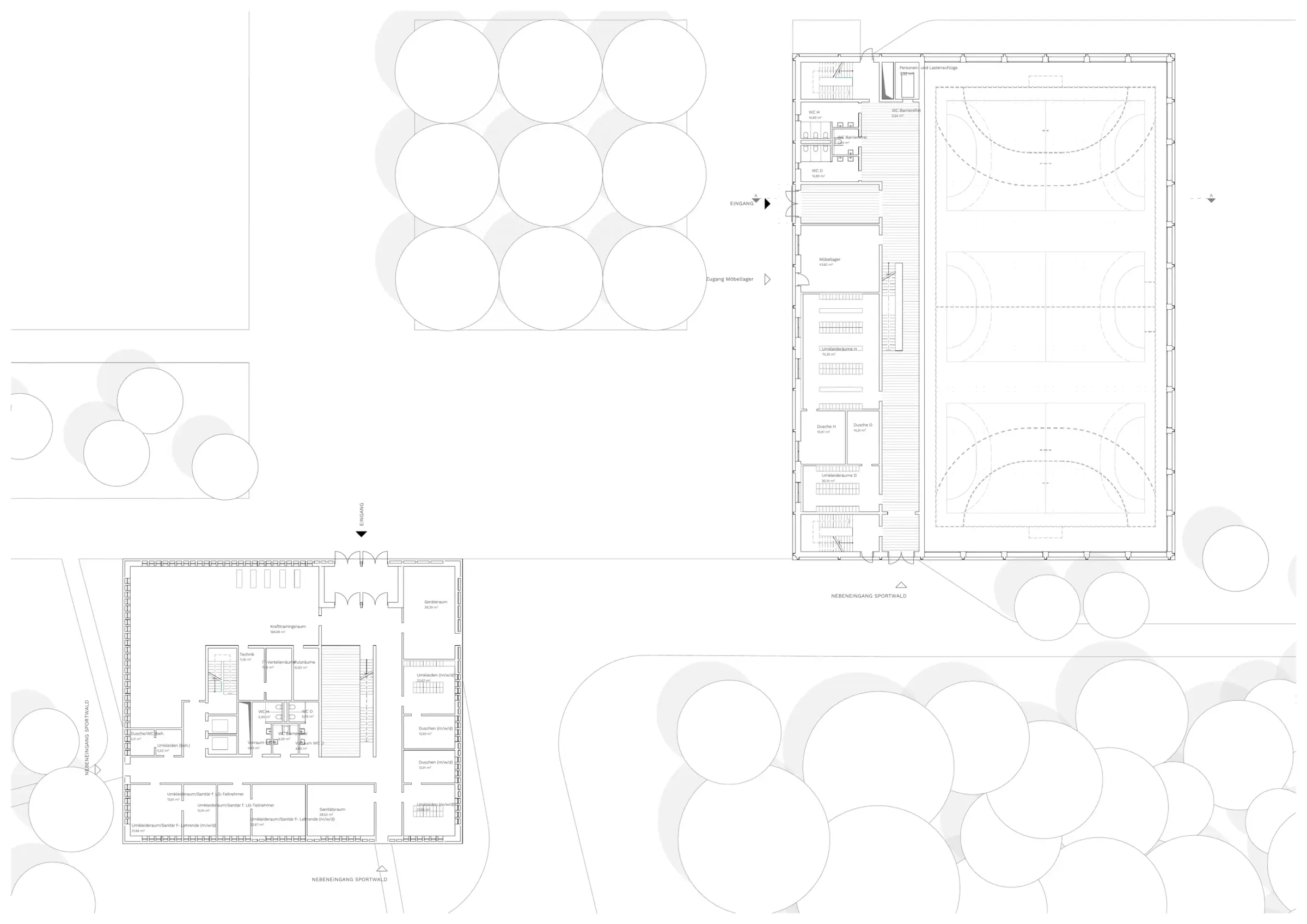 Grundriss Erdgeschoss der Sporthalle mit Sportfeld, Umkleiden, Nebenräumen und umgebender Baumbepflanzung im Lageplan.