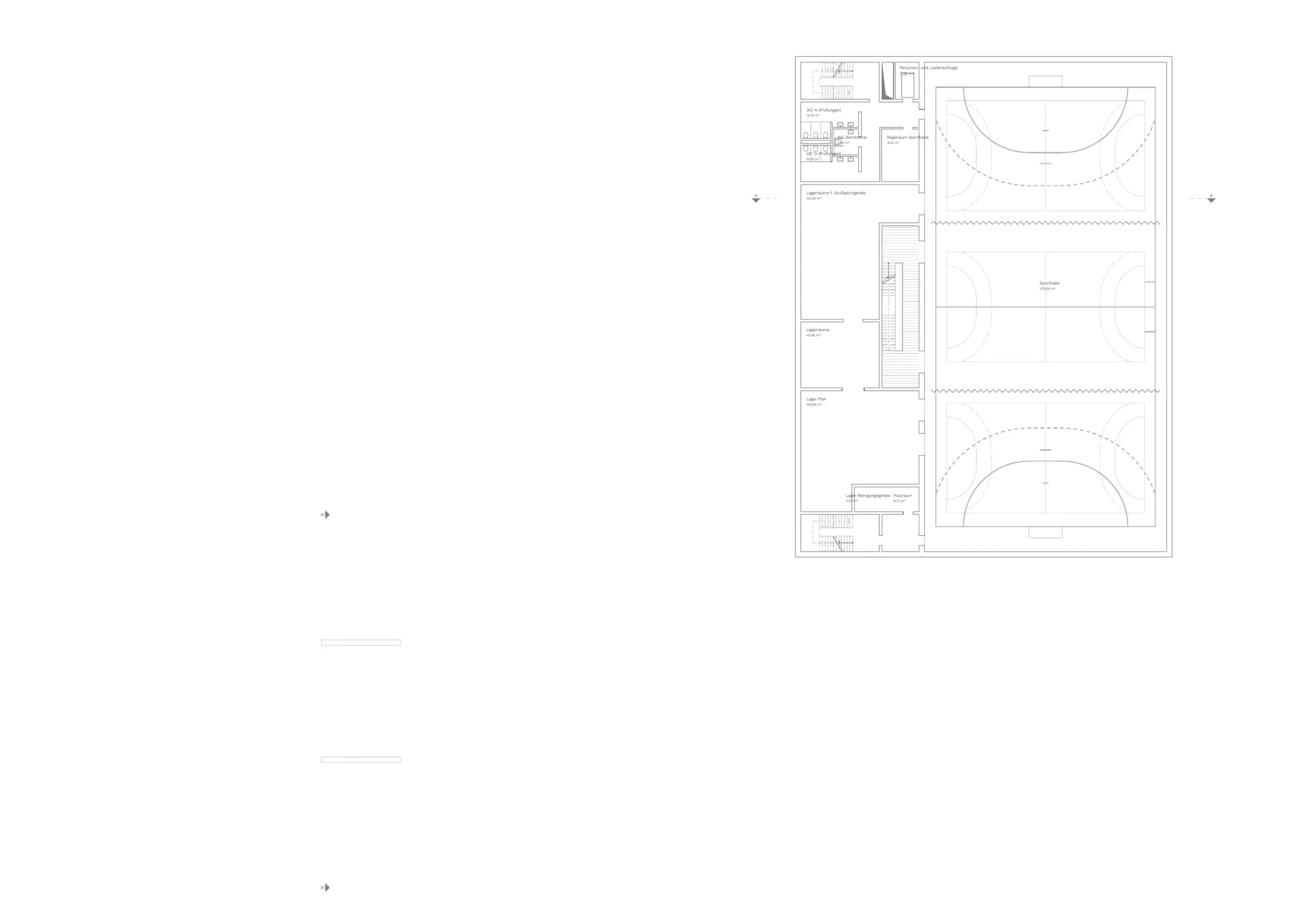 Grundriss des Untergeschosses zeigt eine dreifach unterteilte Sporthalle mit Nebenräumen und Umkleiden.