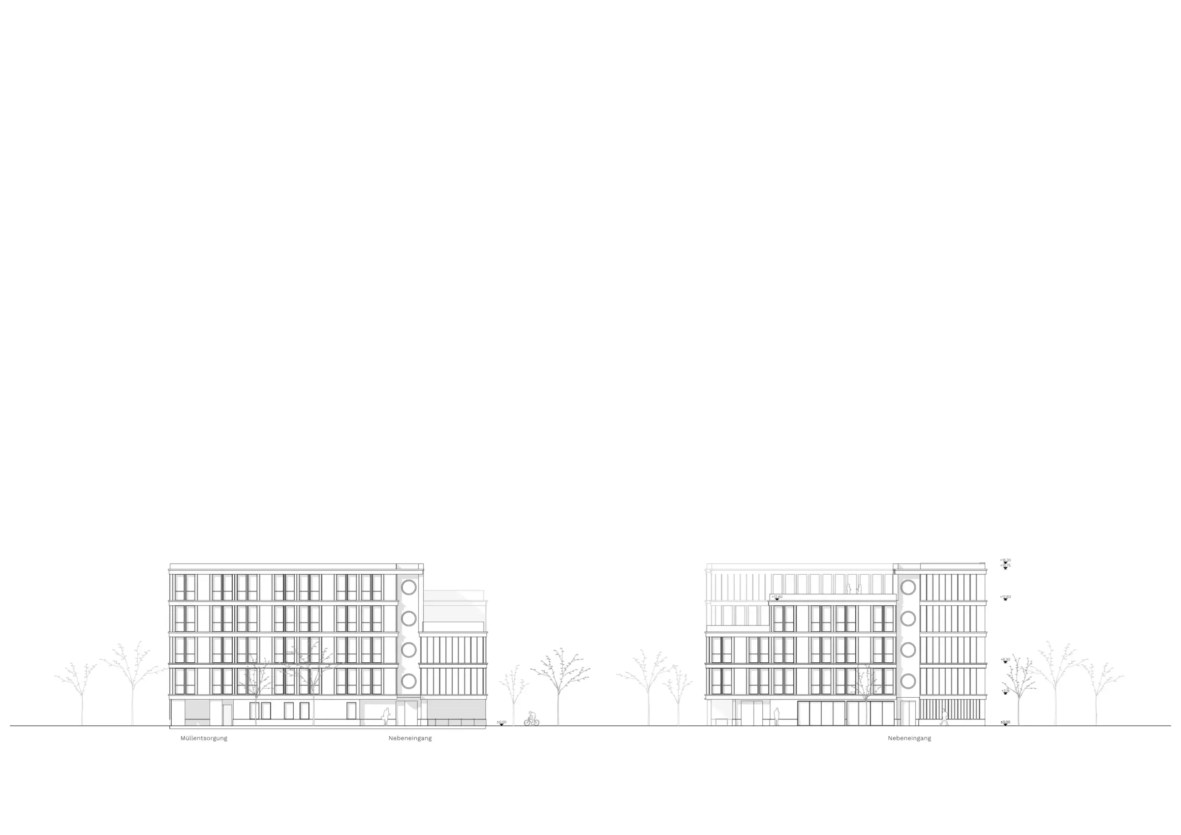 Ansichten der Gebäude W5 und W6, fünfgeschossig mit regelmäßiger Lochfassade und runden Fensterelementen an den Gebäudekanten.