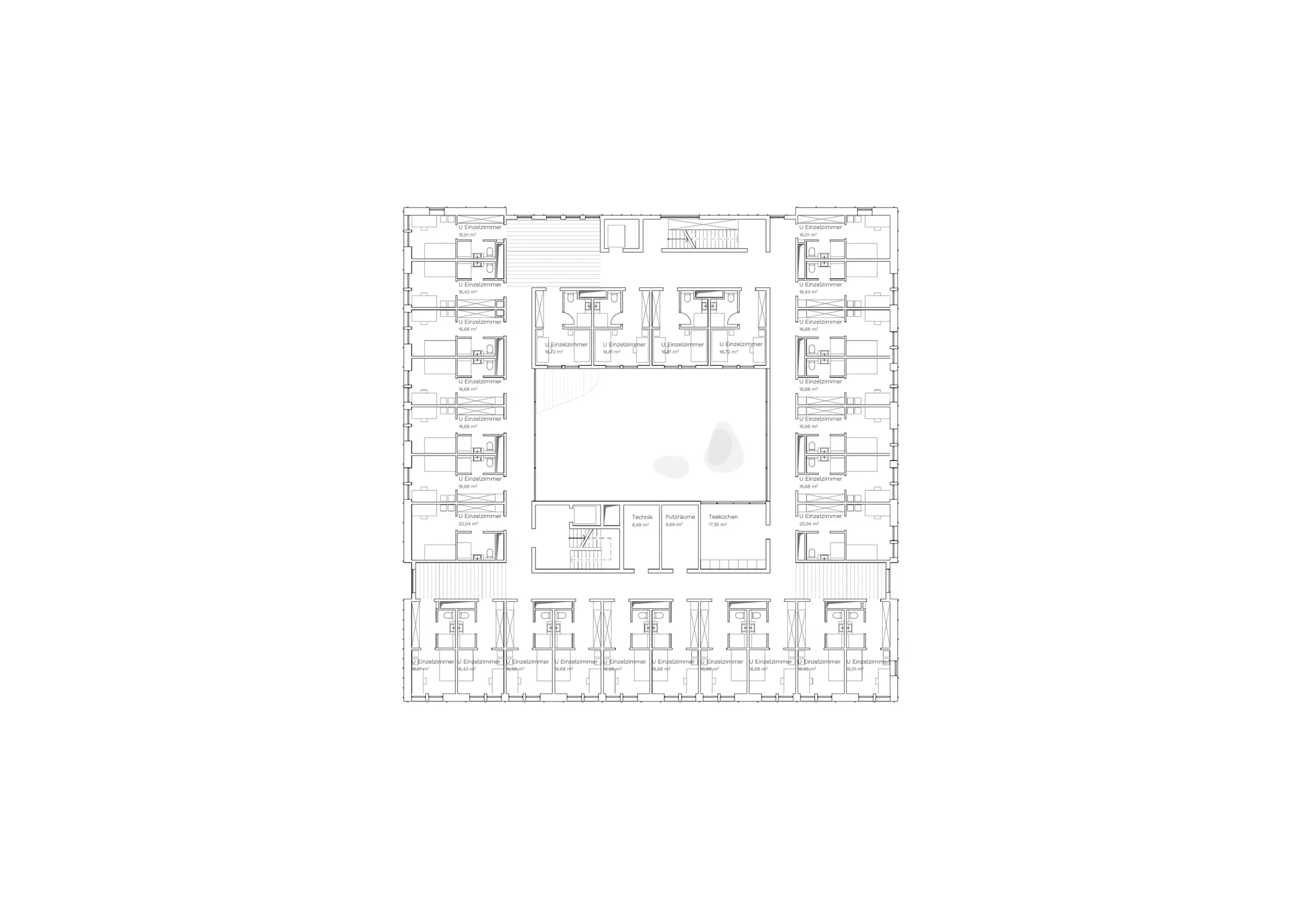 Grundriss eines Obergeschosses zeigt Einzelzimmer entlang der Aussenfassaden um einen zentralen Innenhof.