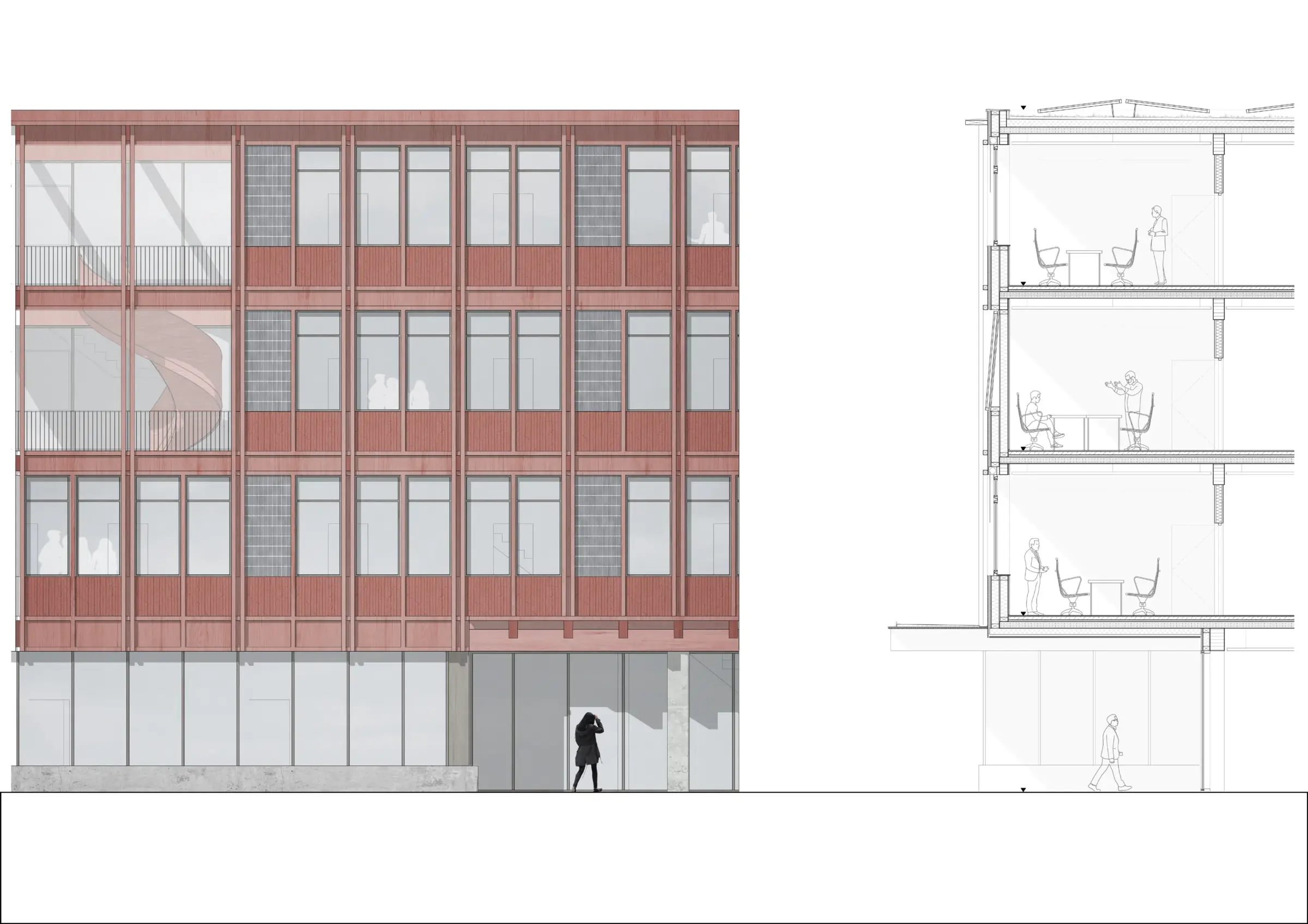 Fassadenansicht eines mehrgeschossigen Lehrgebäudes mit vertikaler Holzverschalung und Fensterbändern, daneben