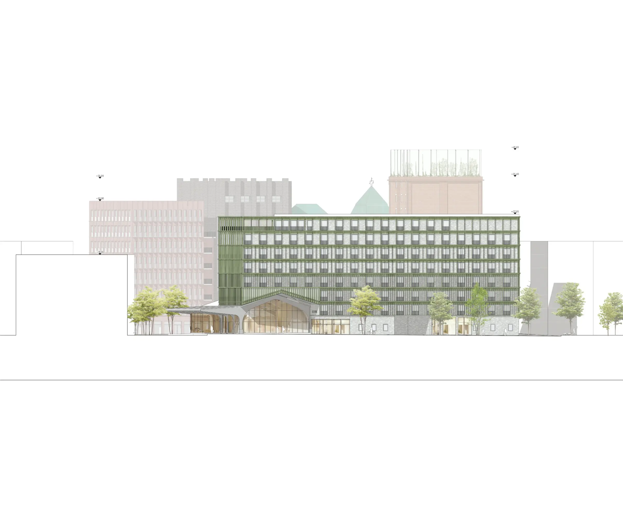 Ansicht von Norden zeigt einen mehrgeschossigen Riegelbau mit grüner Lamellenfassade und geschwungenem Vordach im Erdgeschoss.