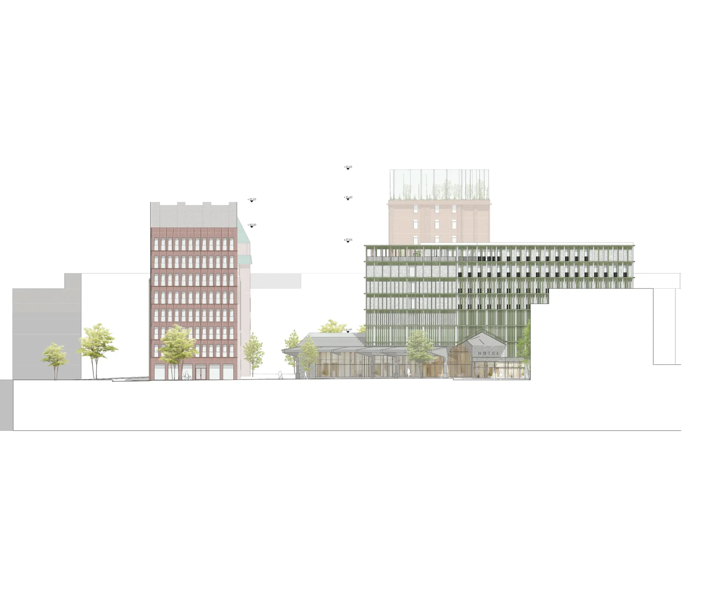 Ansicht von Osten zeigt einen Hotelneubau mit grün gerasterter Lamellenfassade neben einem historischen Ziegelbau.