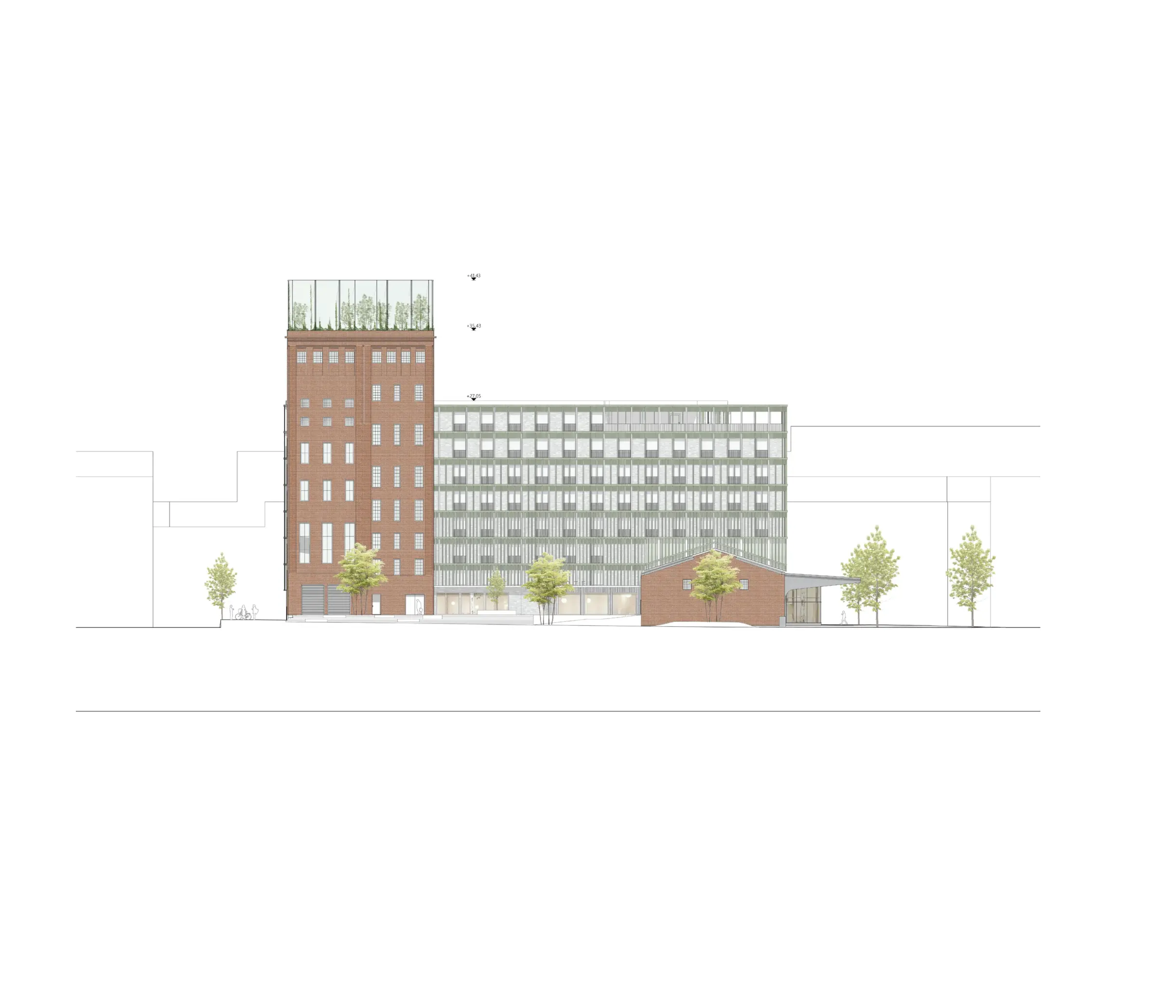 Ansicht von Süden zeigt einen hohen Ziegelbau neben einem niedrigeren Riegel mit Lochfassade und Dachgarten.