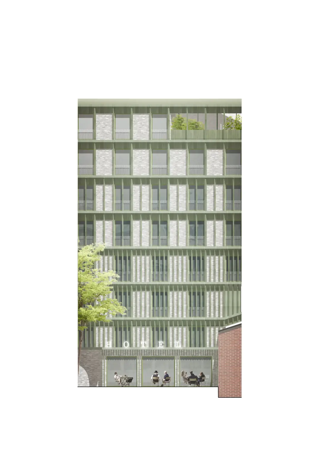 Fassadenansicht eines mehrgeschossigen Hotelgebäudes mit Klinkerfassade und filigranen Metalllamellen vor den Fensteröffnungen.