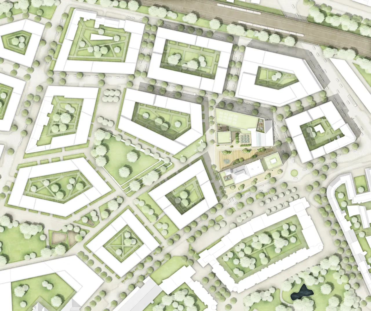 Lageplan mit Blockrandbebauung um begrünte Innenhöfe, im Zentrum ein neu geplantes Baufeld mit Terrassen.