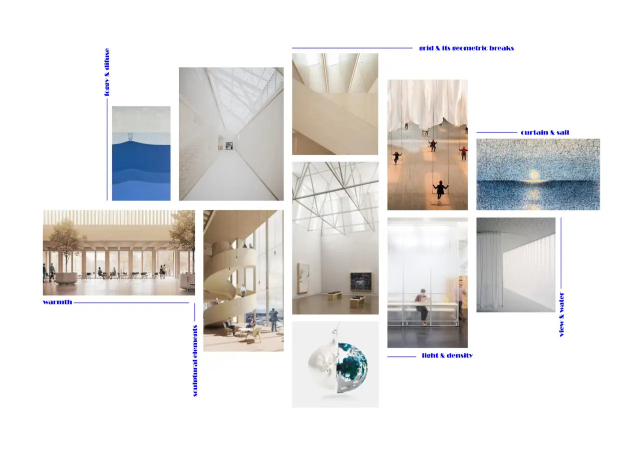 Moodboard mit Fotografien von Innenräumen, Fassadenstrukturen und Lichtstimmungen, gegliedert nach Themen wie Wärme, Raster und Vorhang.
