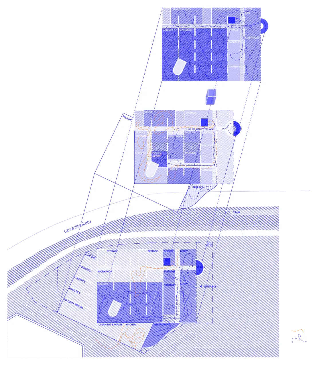 Diagramm in Blautönen zeigt drei versetzt gestaffelte Grundrissebenen mit Funktionszonen und diagonalen Verbindungslinien.