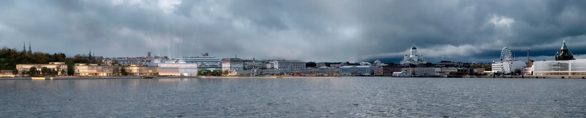 Panoramaperspektive vom Wasser aus zeigt die Skyline mit einem hell erleuchteten Neubau am Ufer und der Kuppel der Kathedrale im Hintergrund.