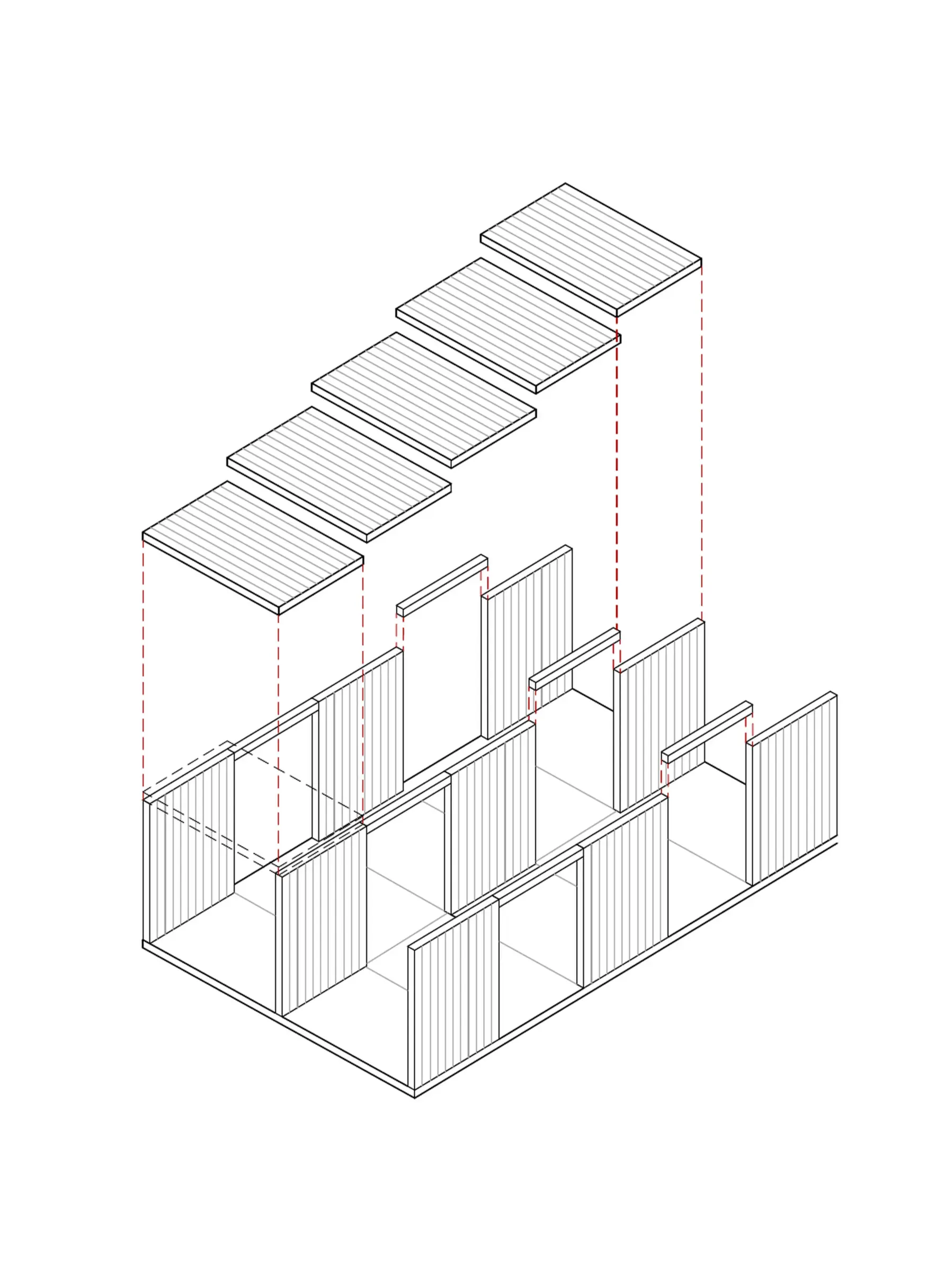 Axonometrie zeigt die Konstruktion mit vertikal gerippten Wandelementen und gestaffelt ansteigenden Dachplatten.
