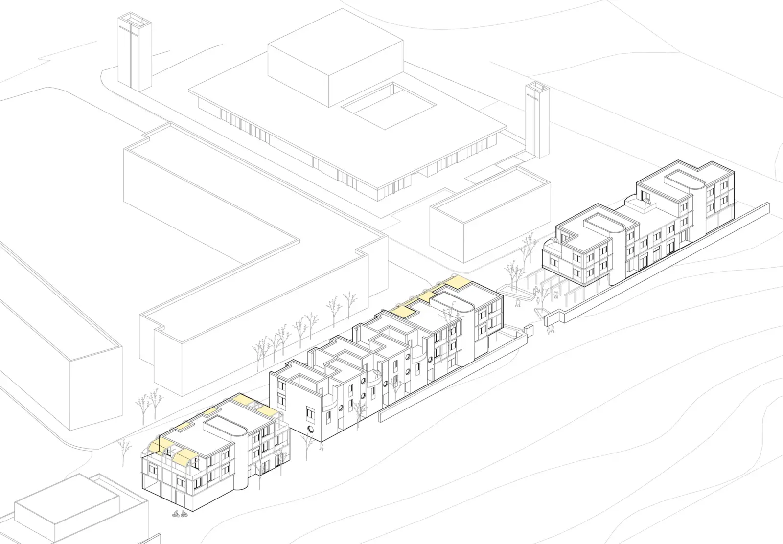 Axonometrie zeigt zwei mehrgeschossige Gebäuderiegel entlang einer Straße, umgeben von schematisch dargestellten Nachbarbauten.