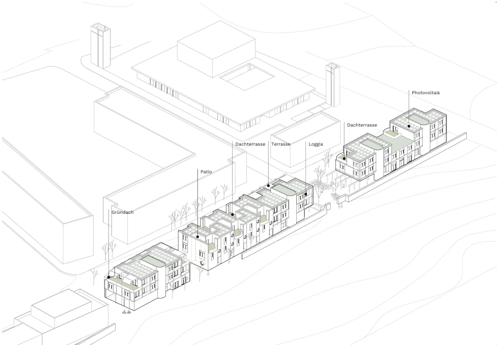 Axonometrie eines Gebäuderiegels mit beschrifteten Freiraumelementen wie Dachterrasse, Loggia, Patio und Photovoltaik.