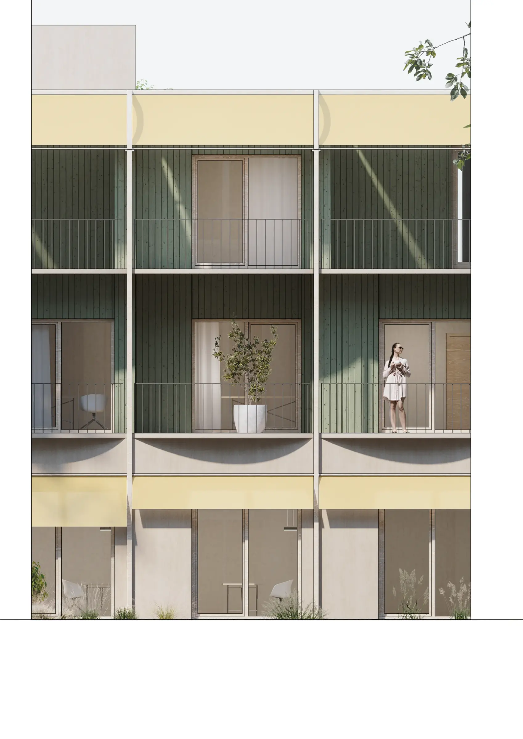 Fassadenansicht eines mehrgeschossigen Wohnhauses mit Holzverkleidung in Grün und Beige und vorgelagerten Balkonen.