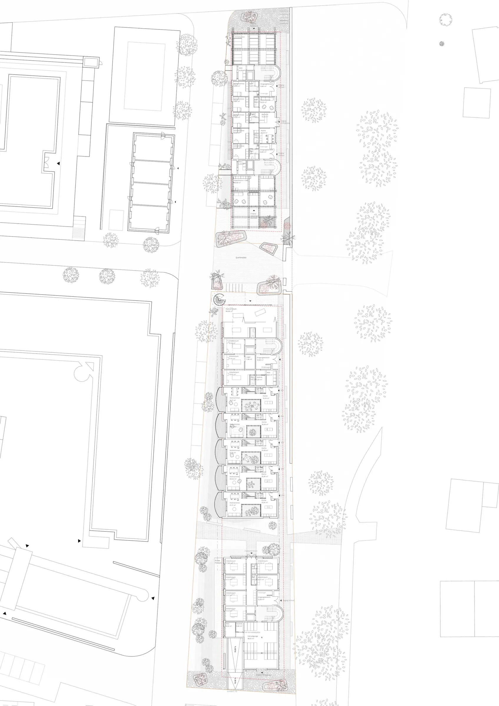 Grundriss des Erdgeschosses zeigt drei langgestreckte Gebäuderiegel entlang einer Straße, gegliedert in einzelne Wohneinheiten.