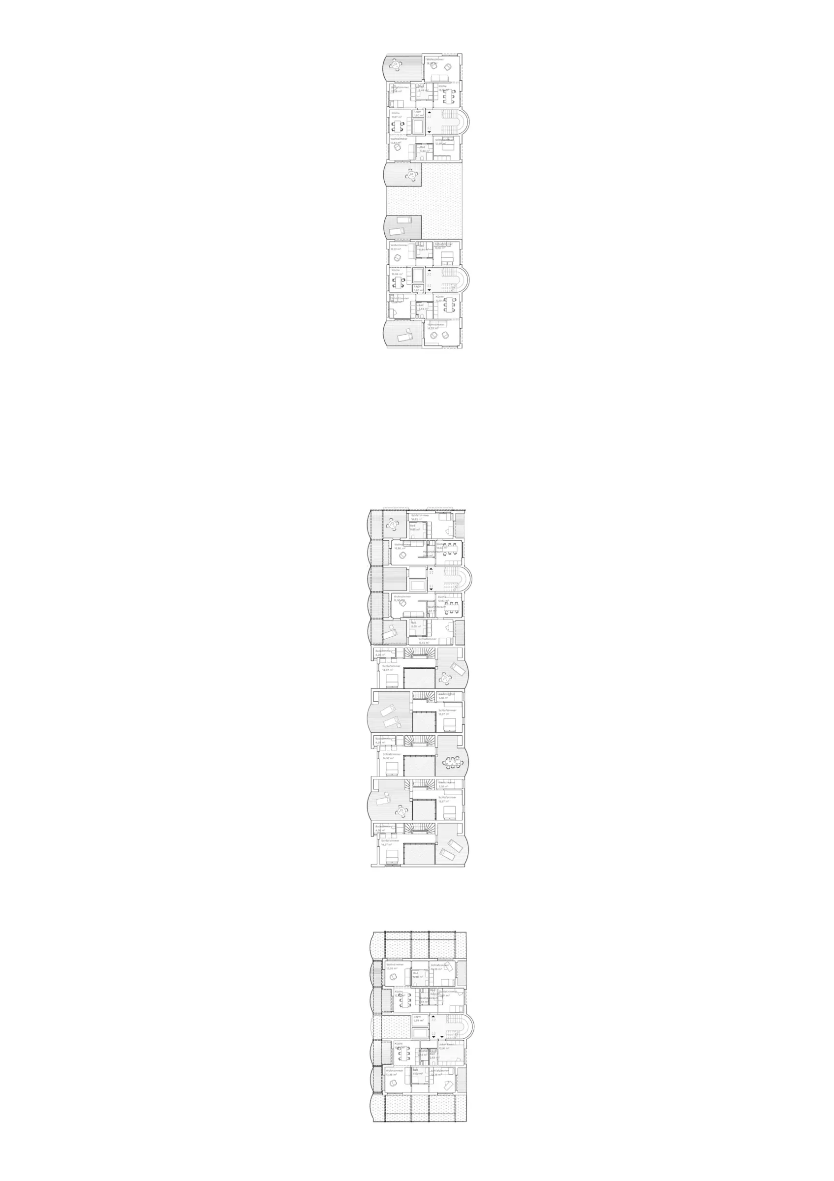 Grundriss des zweiten Obergeschosses mit drei schmalen, langgestreckten Gebäuderiegeln und Wohnungsgrundrissen mit Küchen, Bädern und Loggien.