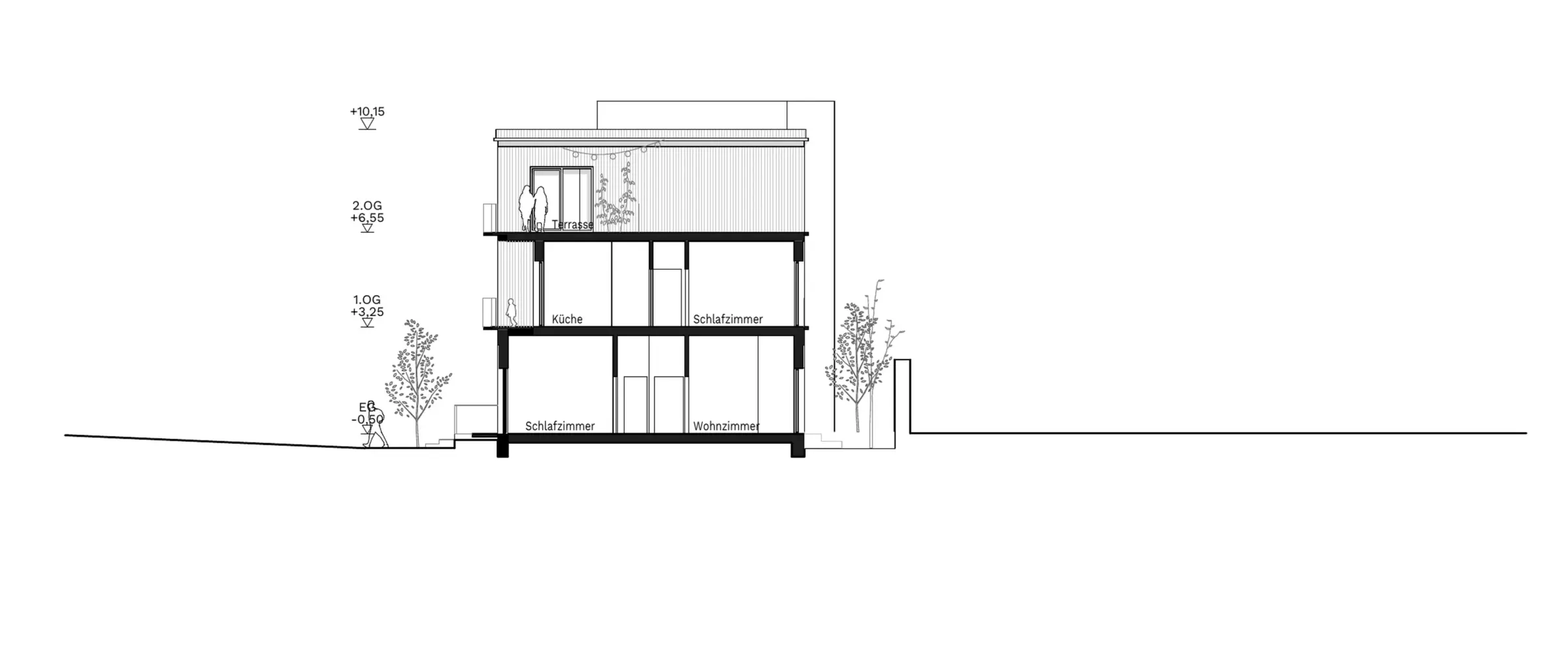Gebäudeschnitt zeigt drei Geschosse mit Küche, Schlafzimmer und Wohnzimmer sowie Höhenkoten der Etagen.