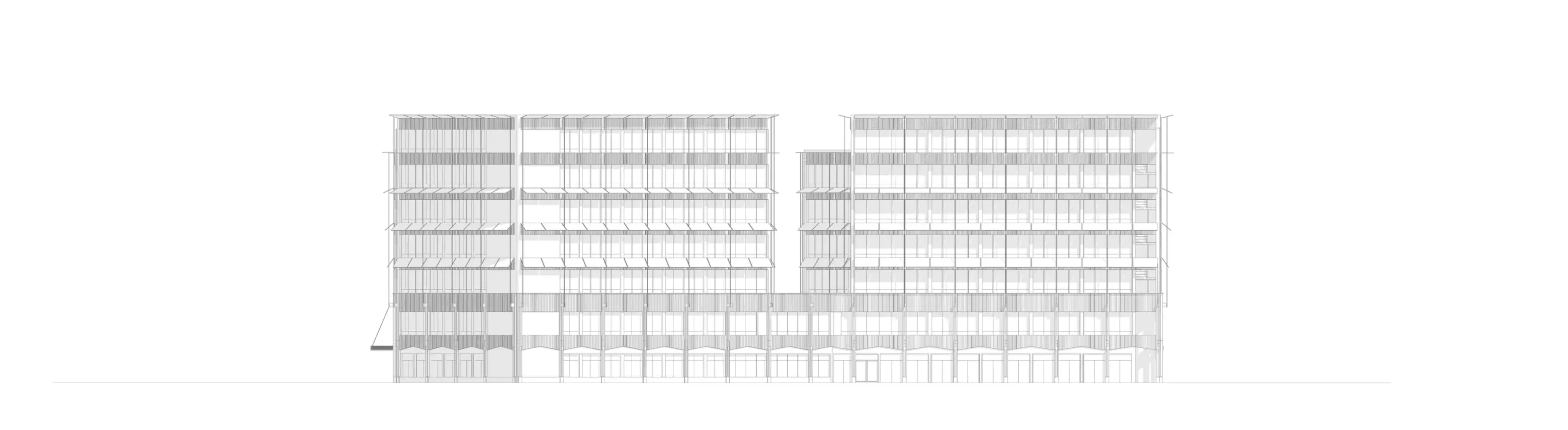 Ansicht von Süden eines siebengeschossigen Verwaltungsbaus mit durchlaufenden Fensterbändern und Lamellenverschattung.