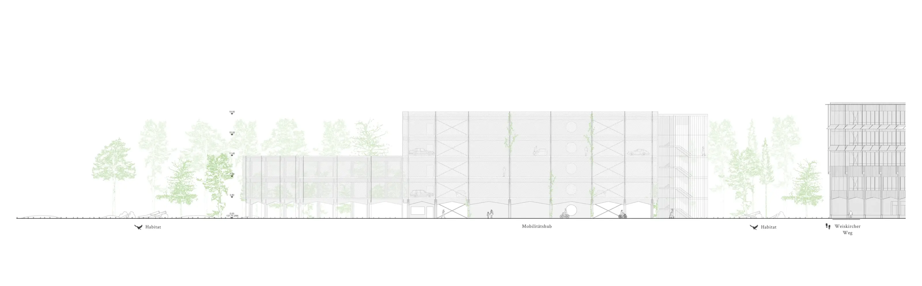 Westansicht des Mobilitätshubs mit filigraner Fassadenstruktur aus diagonalen Streben und vorgelagerten Baumreihen.