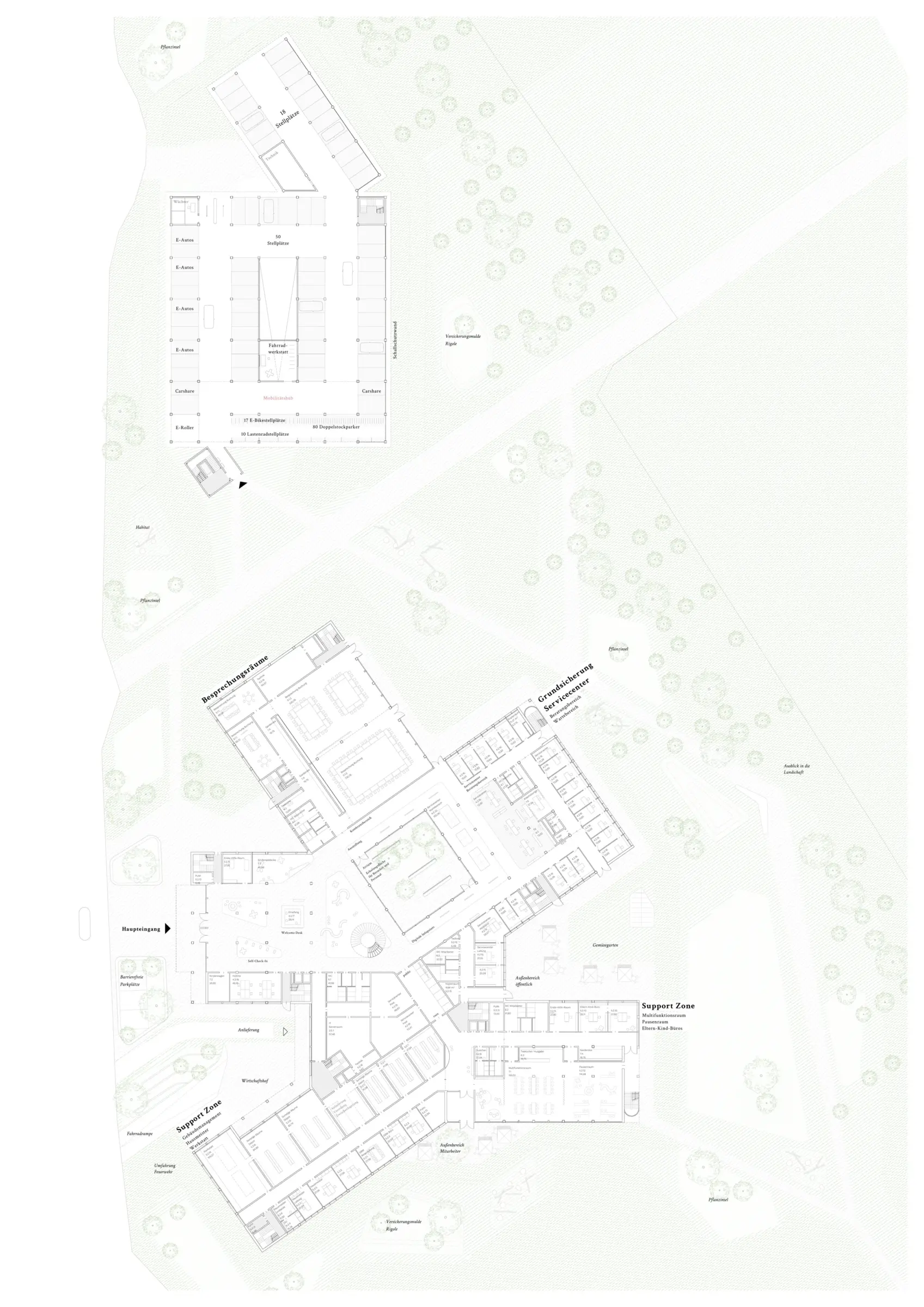 Grundriss des Erdgeschosses zeigt einen sternförmigen Gebäudekomplex mit mehreren Innenhöfen, eingebettet in eine Landschaft mit Bäumen.