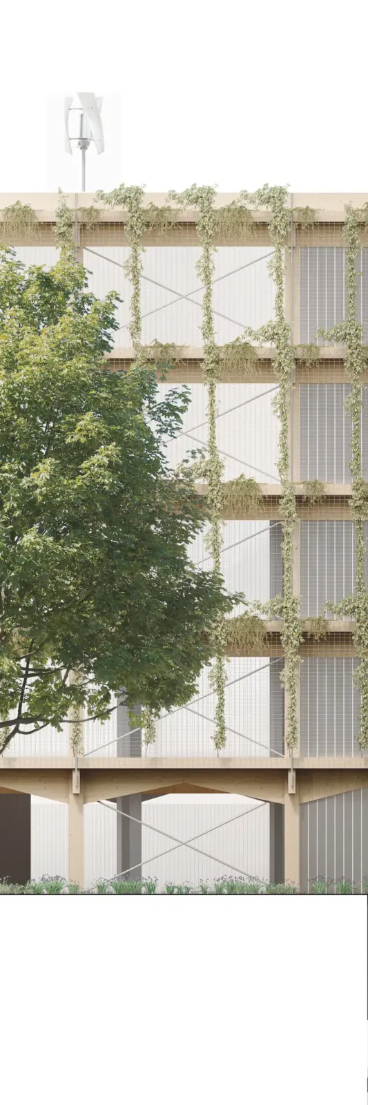 Fassadenansicht eines Parkhauses aus Holz mit diagonalen Streben und berankten Fassadenfeldern über mehrere Geschosse.