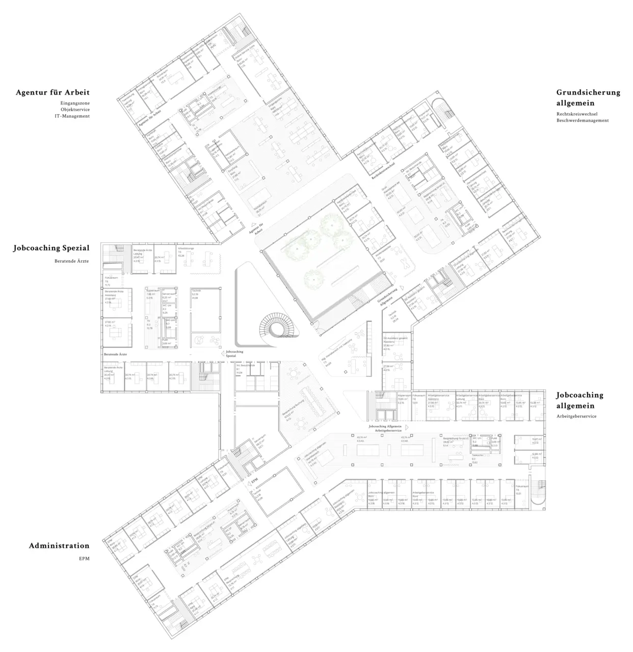 Grundriss des Obergeschosses zeigt einen kreuzförmigen Baukörper mit vier Flügeln um einen zentralen Innenhof.