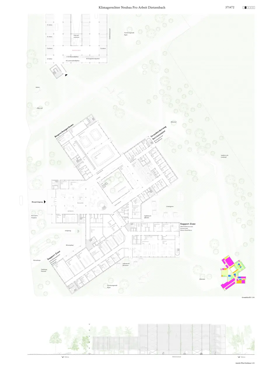 Präsentationsplan mit Grundriss Erdgeschoss eines verzweigten Verwaltungsgebäudes und Ansicht West Parkhaus.