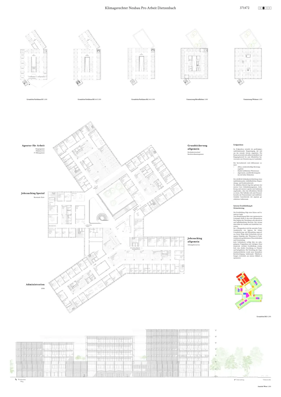 Präsentationsplan mit Grundrissen, Erdgeschossgrundriss, Farbaxonometrie und Ansicht eines Verwaltungsbaus mit gestaffelter Kubatur.