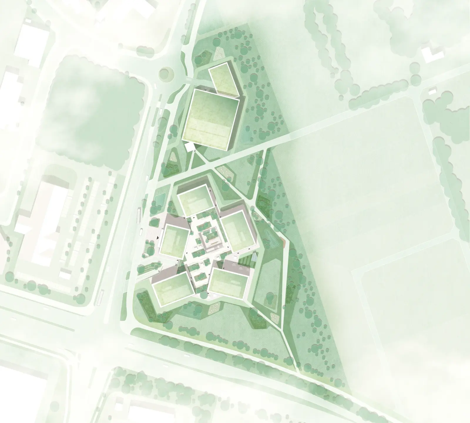 Lageplan zeigt ein verzweigtes Gebäudeensemble mit Innenhöfen inmitten einer parkartigen Grünfläche mit geschwungenen Wegen.