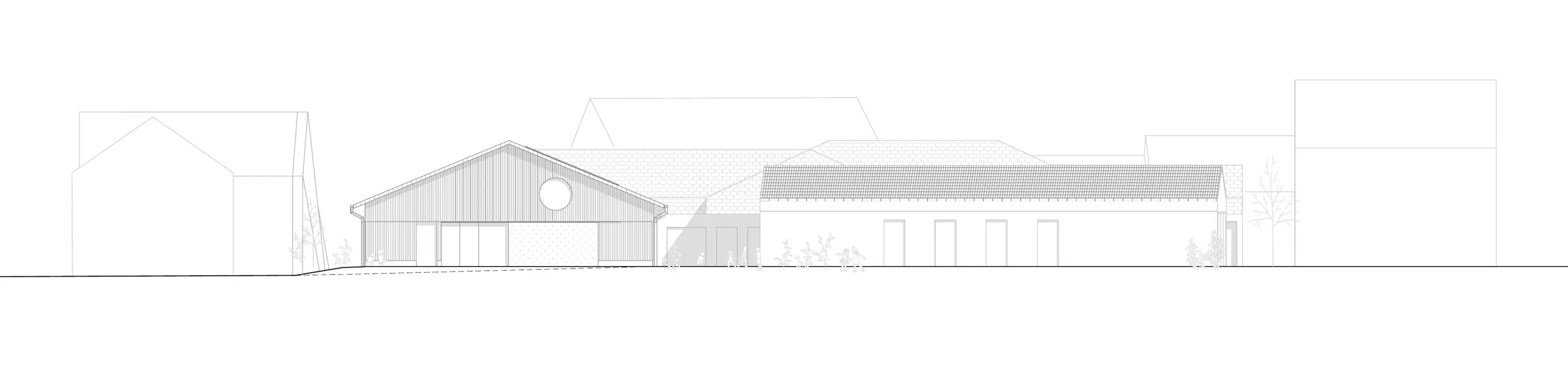 Ansicht von Norden zeigt einen eingeschossigen Satteldachbau mit rundem Fenster im Giebel und flach geneigtem Anbau.