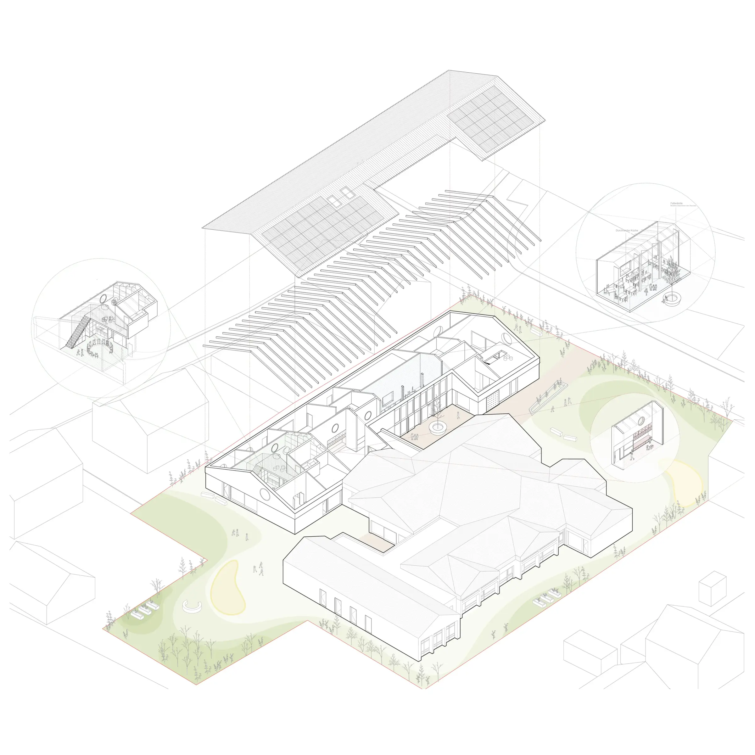 Gesprengte Axonometrie einer Kita zeigt Dachkonstruktion mit Photovoltaikflächen und Lamellen über dem Baukörper mit Grundriss und Umgebung.