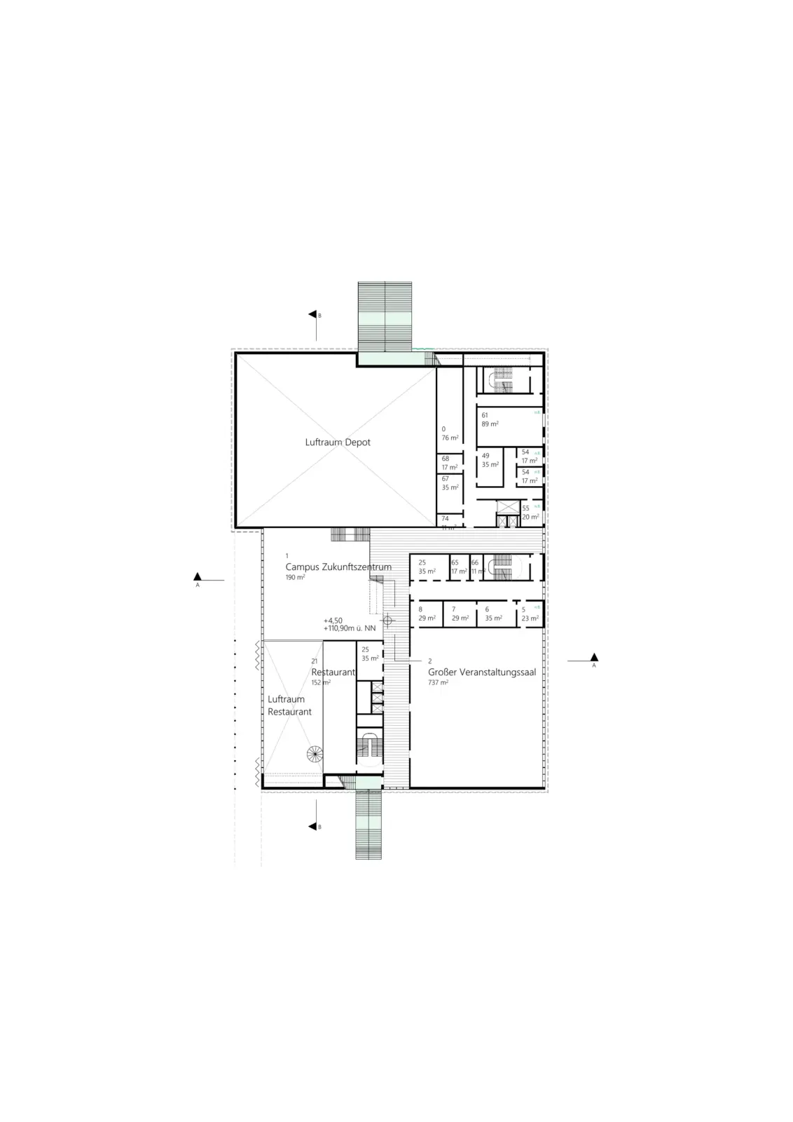 Grundriss des ersten Obergeschosses mit großem Veranstaltungssaal, Restaurant und Luftraum über dem Depot.