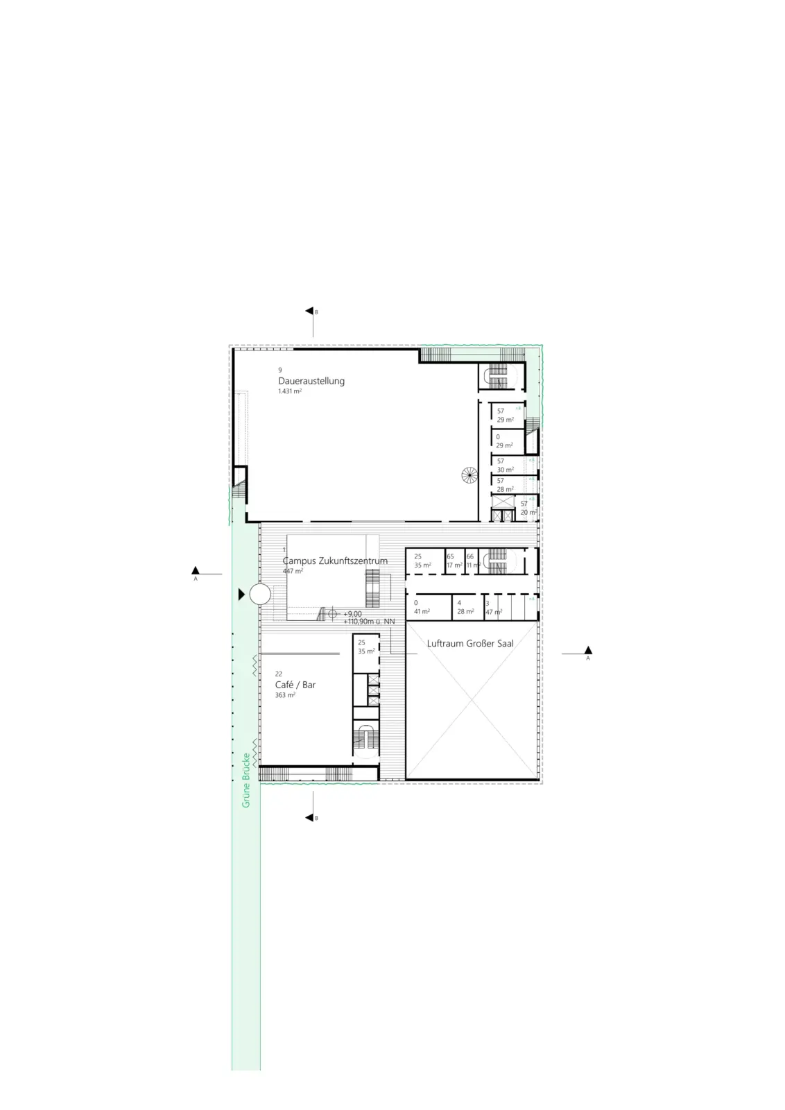 Grundriss des zweiten Obergeschosses mit Dauerausstellung, Campus Zukunftszentrum, Café und Luftraum über dem großen Saal.