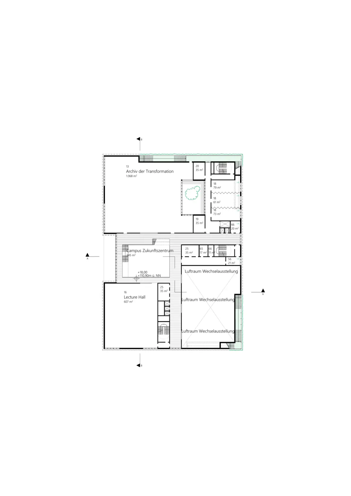 Grundriss des vierten Obergeschosses mit Archiv der Transformation, Lecture Hall und Luftraum zur Wechselausstellung.