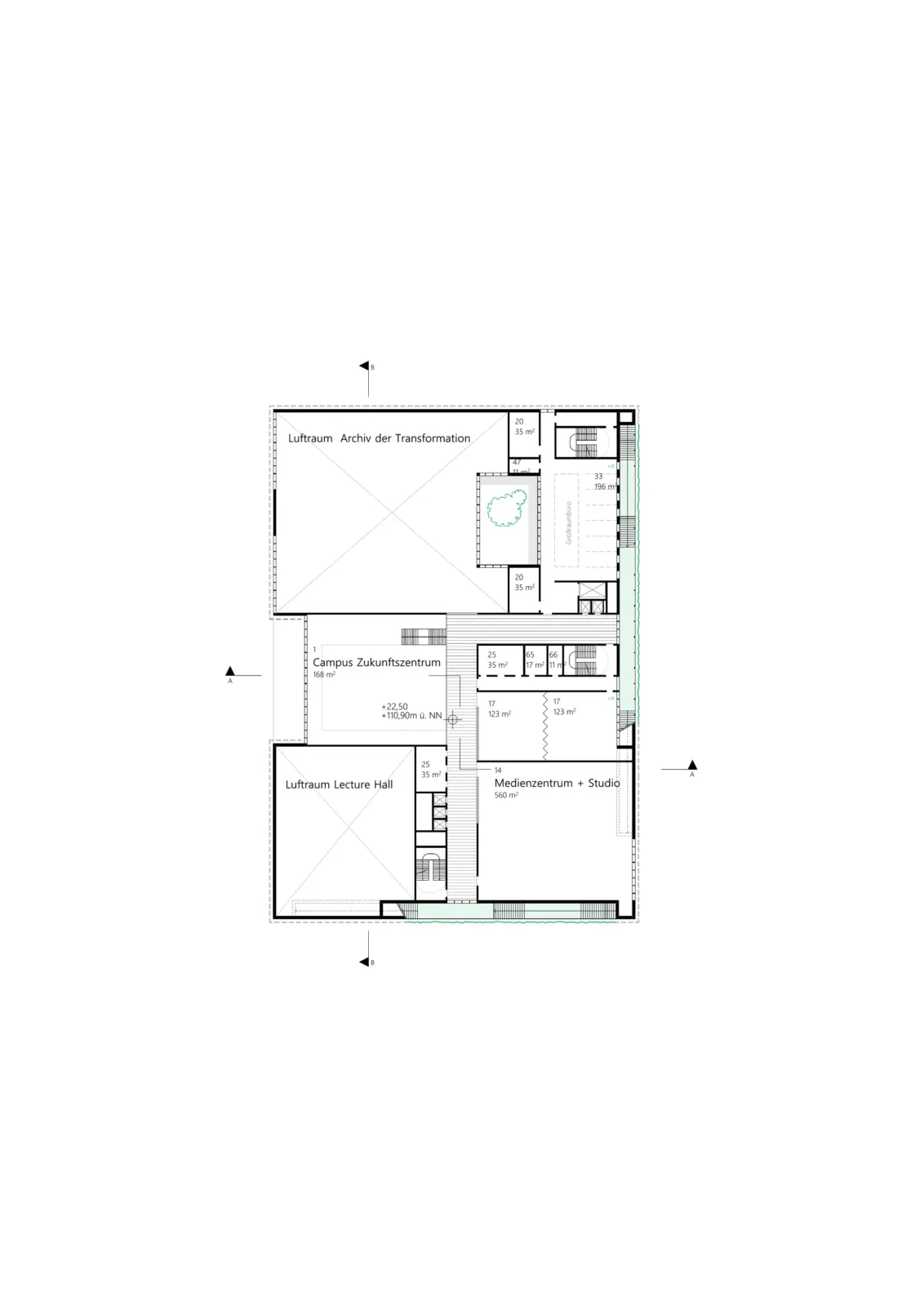 Grundriss des fünften Obergeschosses mit Lufträumen über Archiv, Campus-Bereich und Lecture Hall sowie Medienzentrum und Studio.