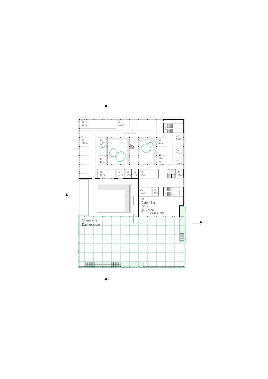 Grundriss des sechsten Obergeschosses mit Großraumbüros, Café/Bar und einer öffentlichen Dachterrasse.