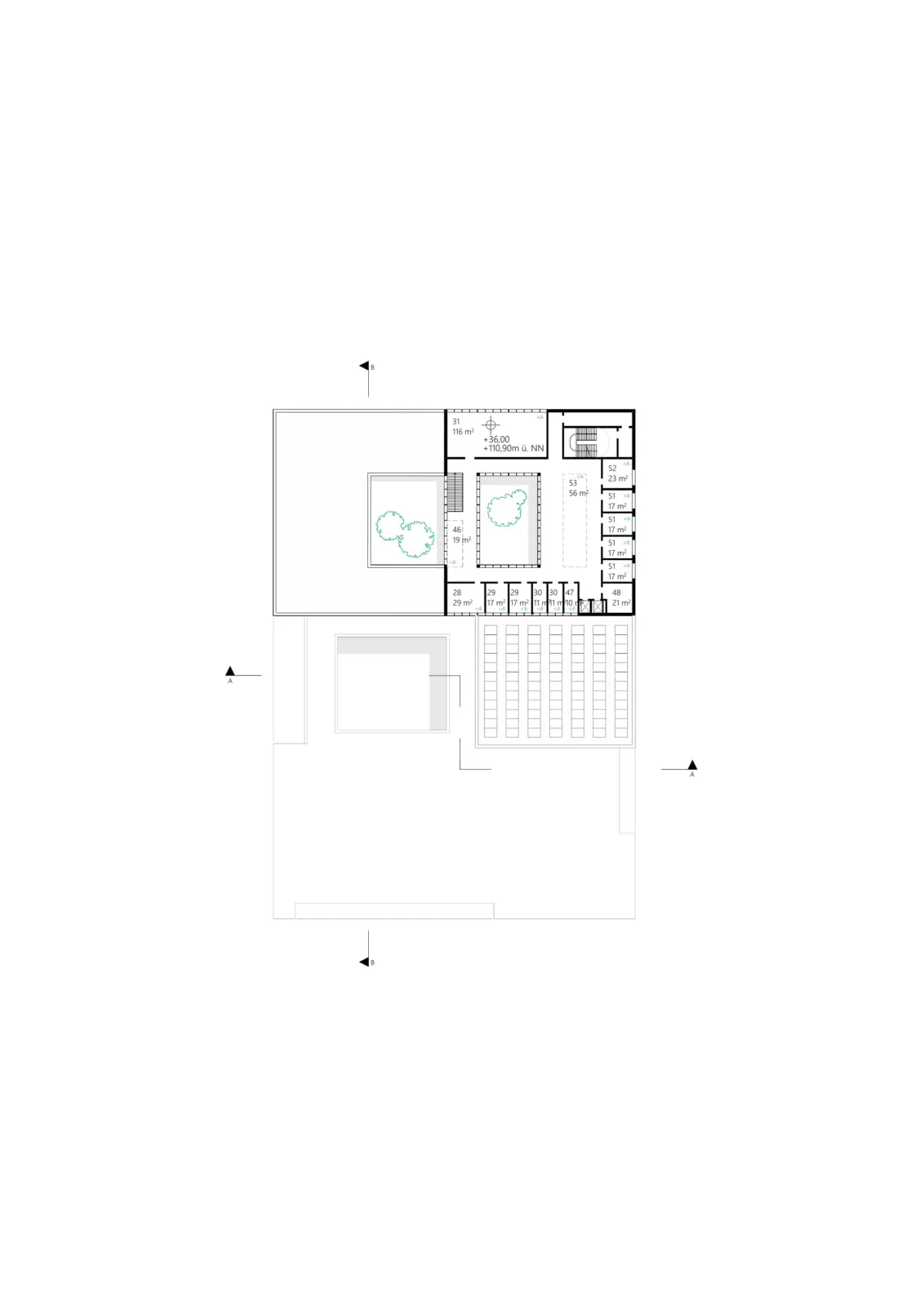 Grundriss des 8. Obergeschosses mit zwei begrünten Innenhöfen und umlaufenden Raumzonen unterschiedlicher Größe.