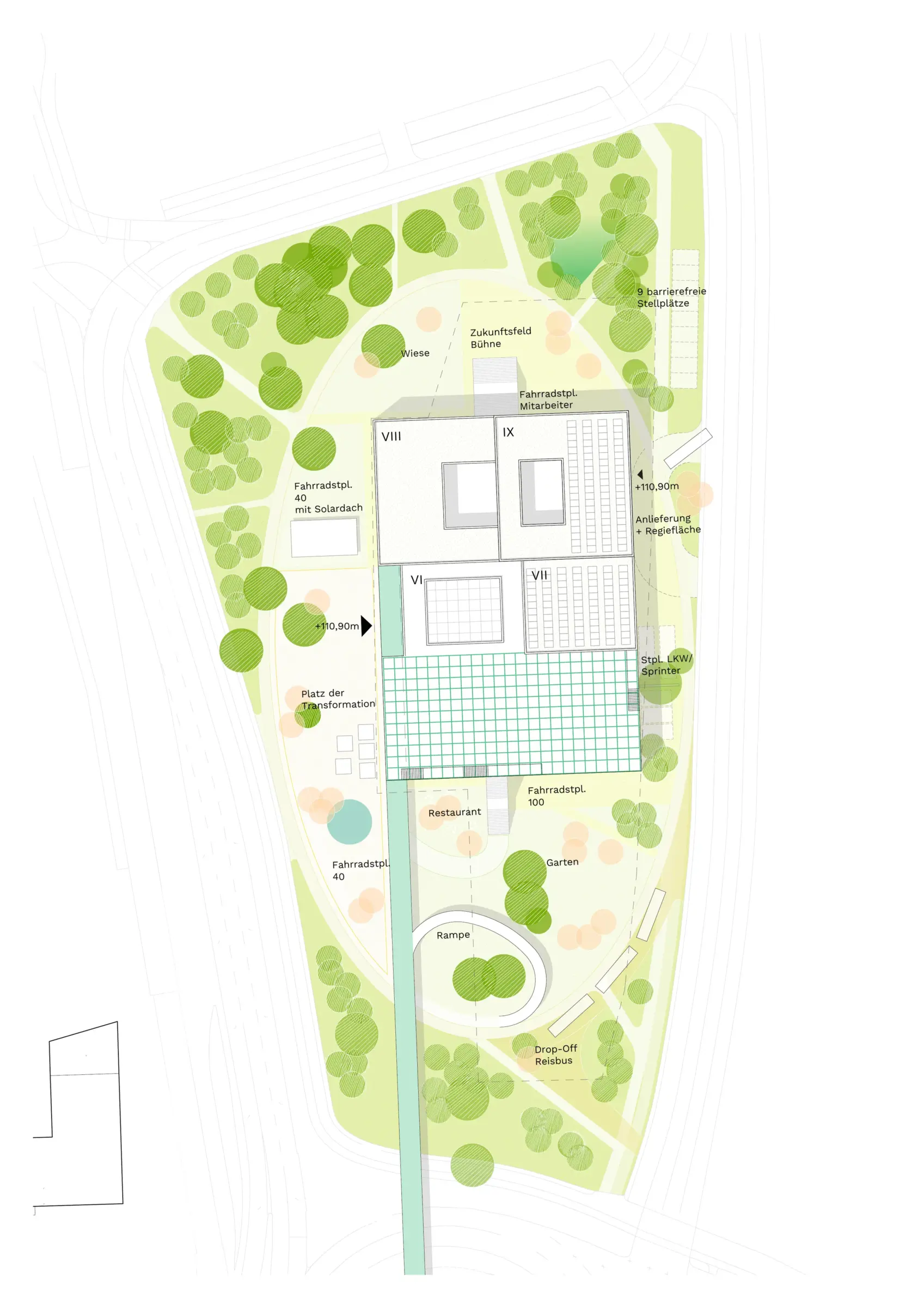 Lageplan zeigt einen mehrteiligen Baukörper in einer weitläufigen Grünfläche mit dichtem Baumbestand und Wegen.