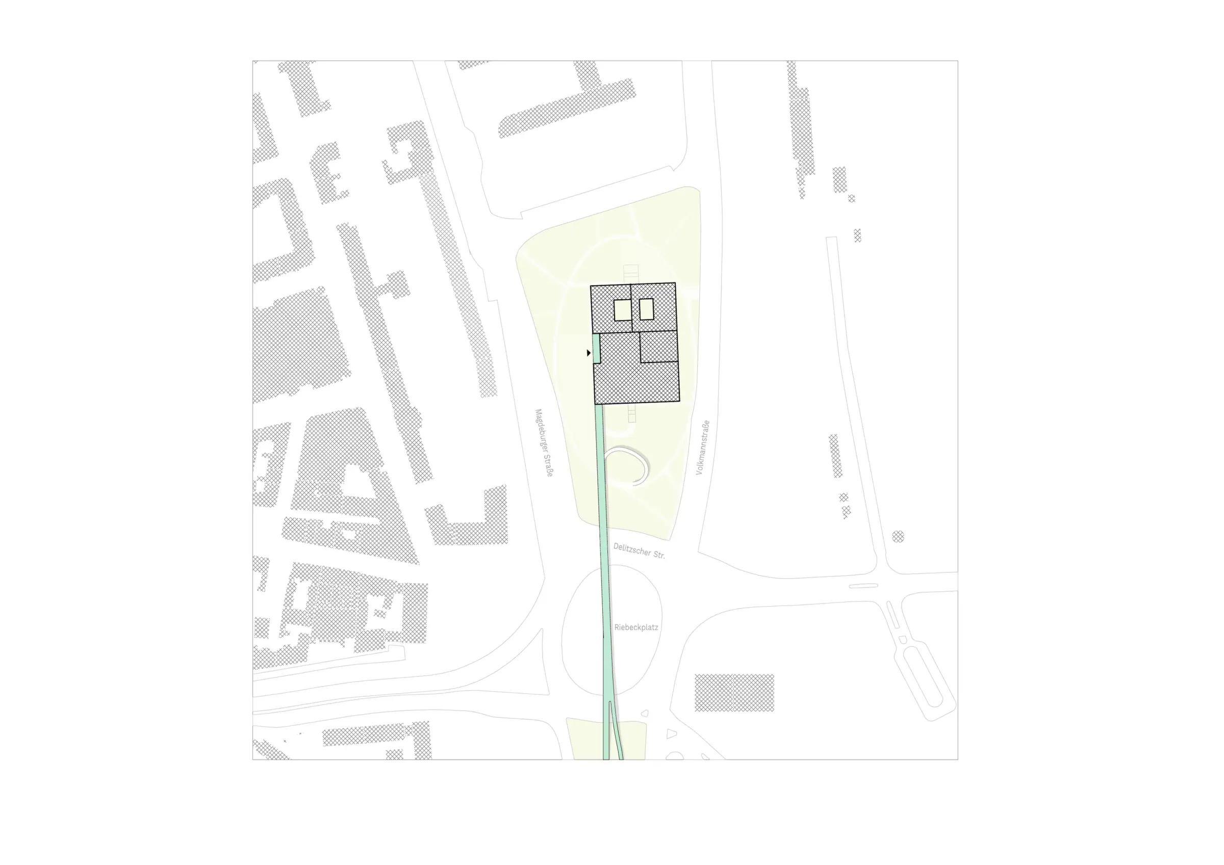 Übersichtslageplan zeigt das Gebäude als markierte Fläche zwischen Straßenzügen nahe einem Kreisverkehr.