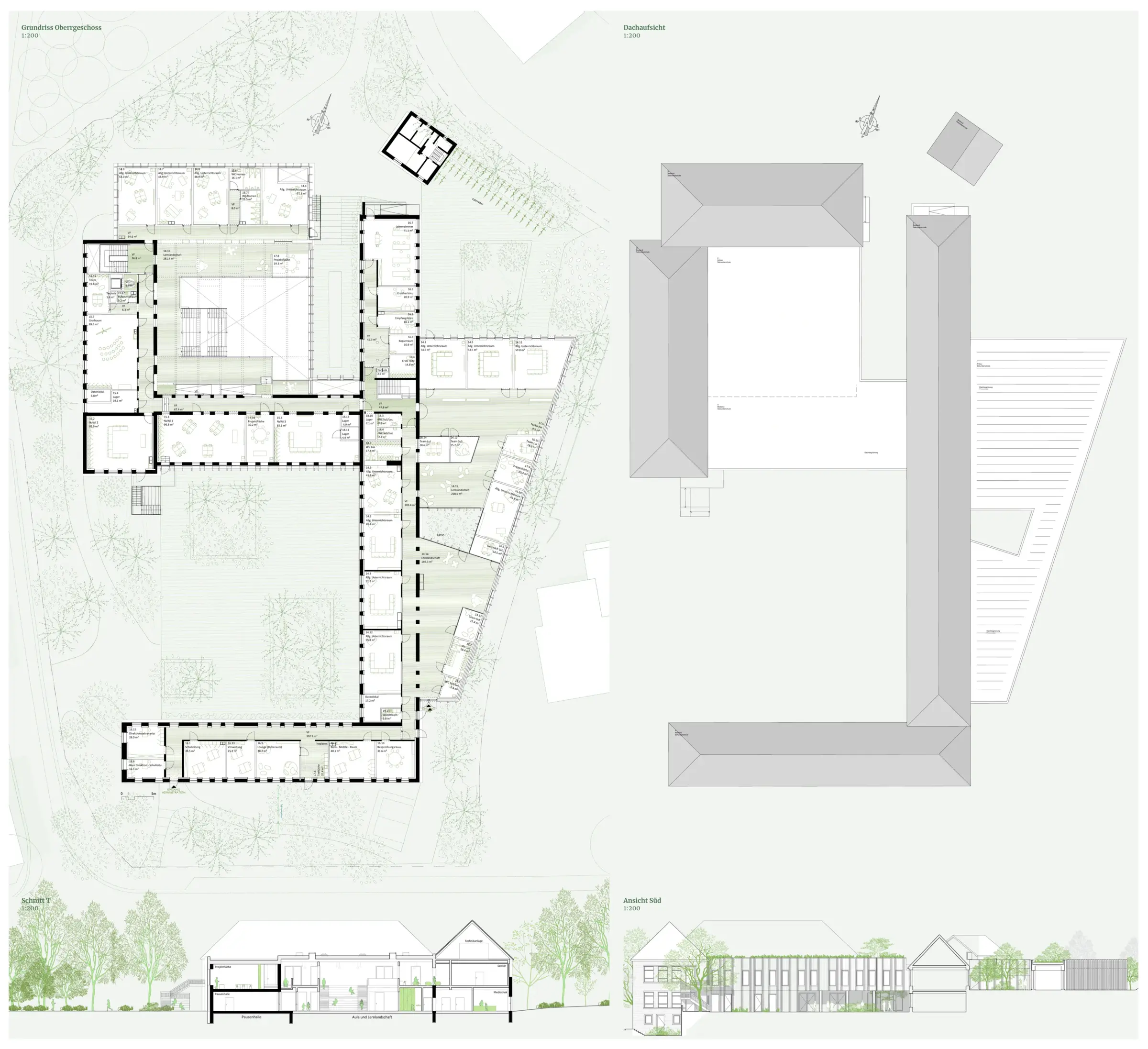 Wettbewerbsplan mit Obergeschossgrundriss, Dachaufsicht, Schnitt und Südansicht sowie Diagrammen zu Brandschutz-, Bauphasen- und Energiekonzept.
