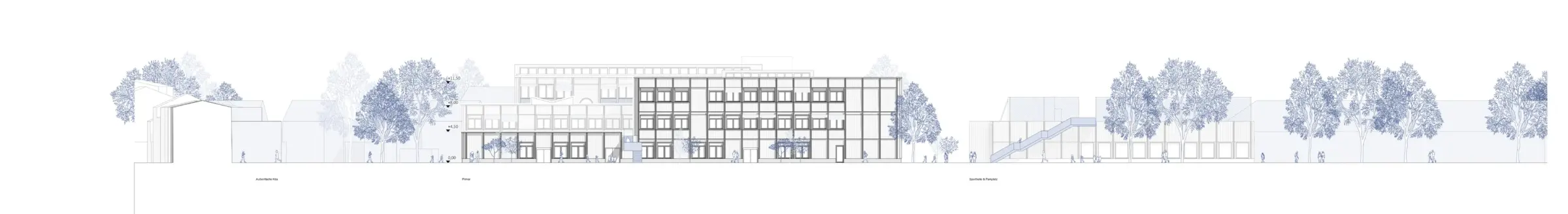 Ansicht von Nordosten zeigt ein mehrgeschossiges Gebäude mit gerasterter Lochfassade zwischen Baumreihen.
