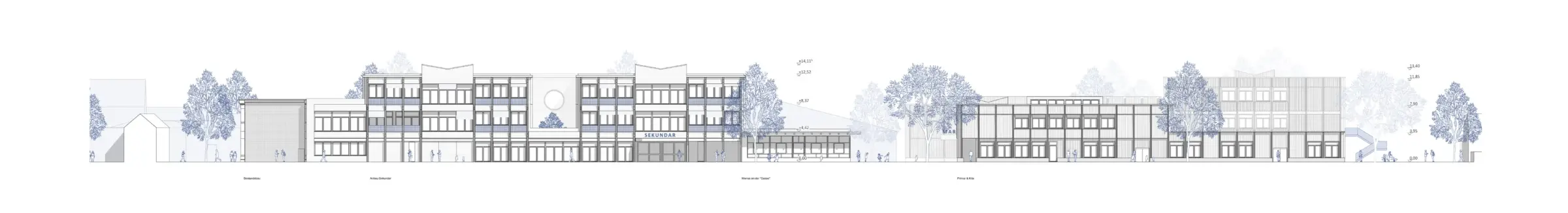 Ansicht von Südost zeigt eine mehrgeschossige Gebäudezeile mit Putzfassaden, Lochfenstern und vorgelagerten Bäumen.