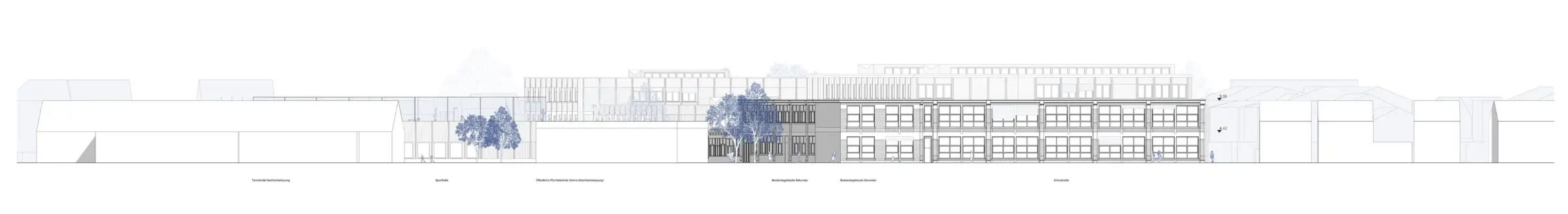 Ansicht von Westen zeigt eine lang gestreckte Gebäudezeile mit mehrgeschossiger Lochfassade und vorgelagerten Bäumen.