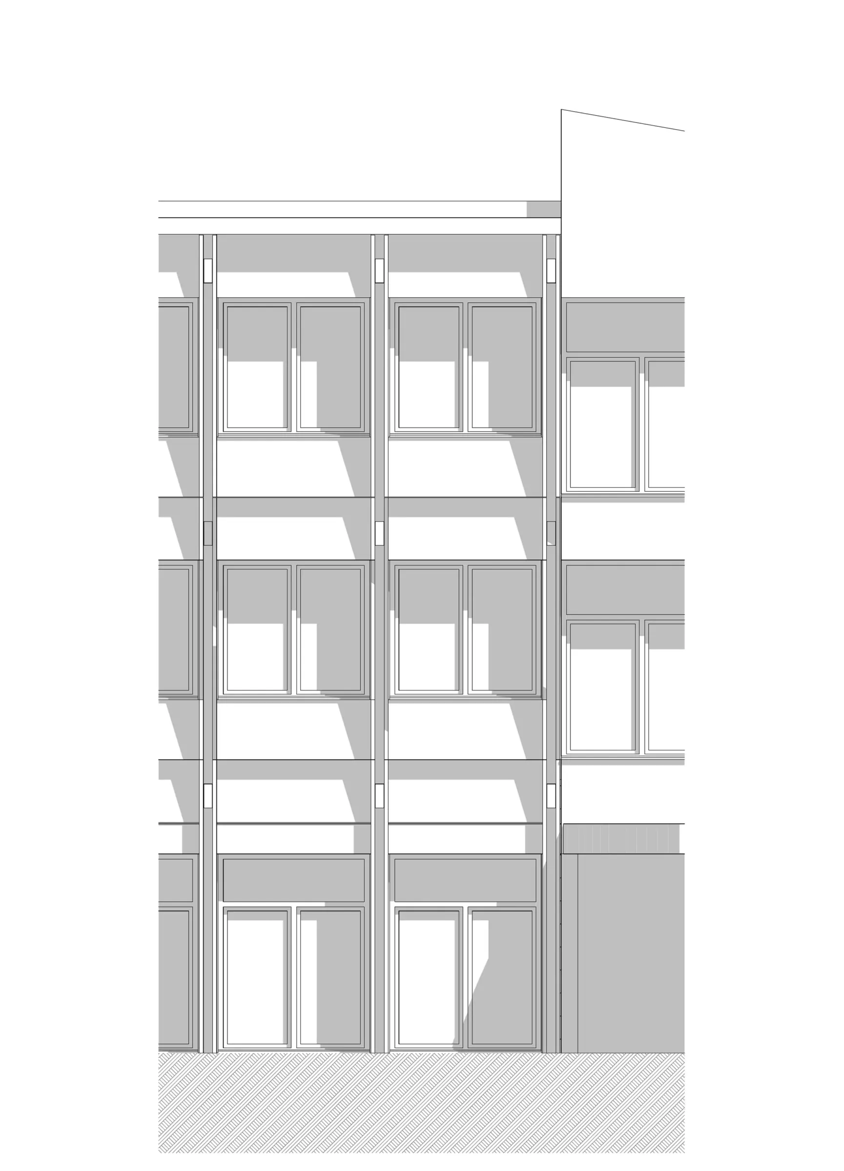 Fassadenschnitt im Maßstab 1:50 mit Materialaufbauten von Dach, Außenwand, Decke und Boden eines Schulgebäudes mit Holzbau-Konstruktion.