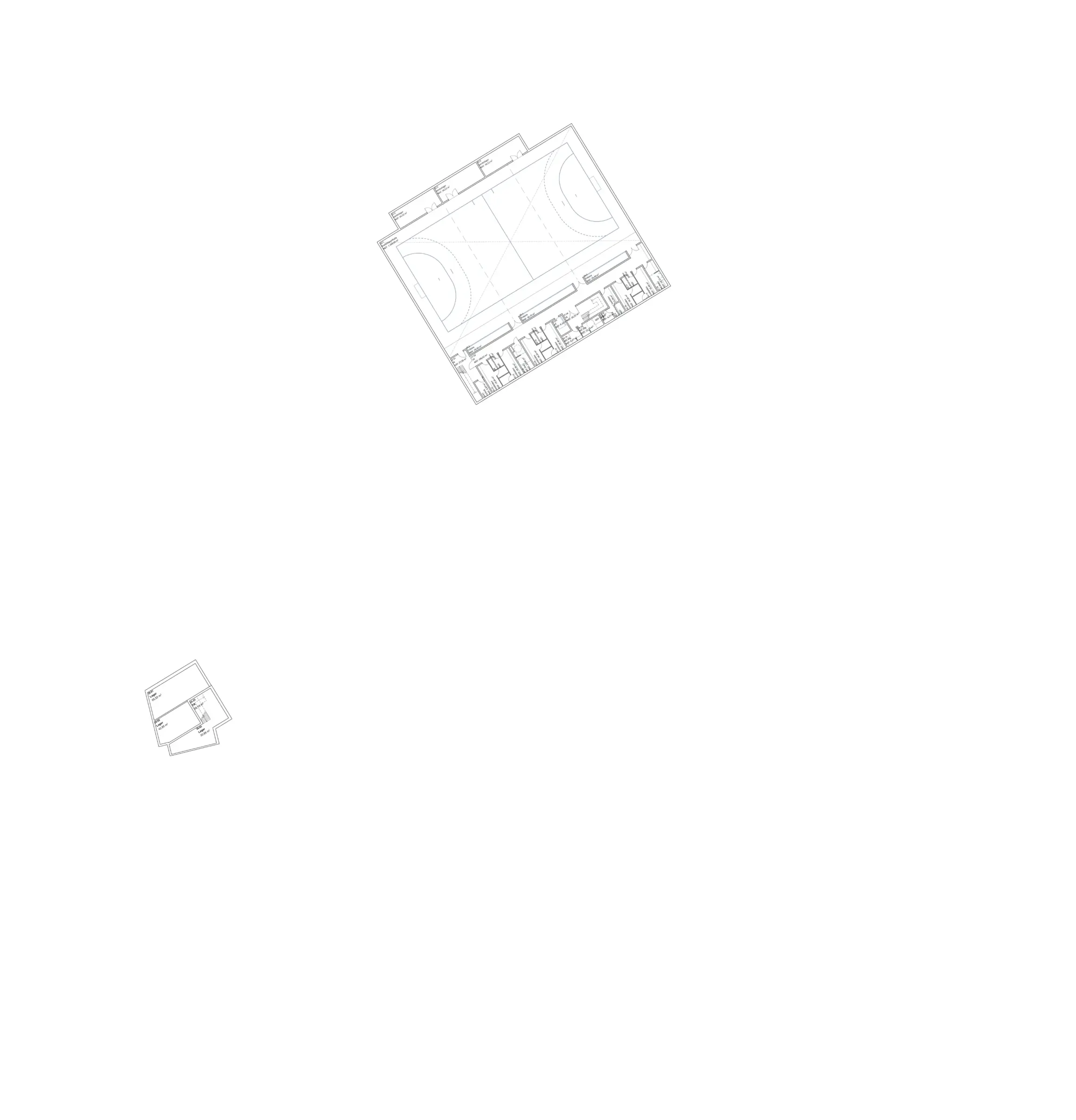 Grundriss des Untergeschosses zeigt eine Sporthalle mit markierten Spielfeldlinien und angrenzenden Nebenräumen.